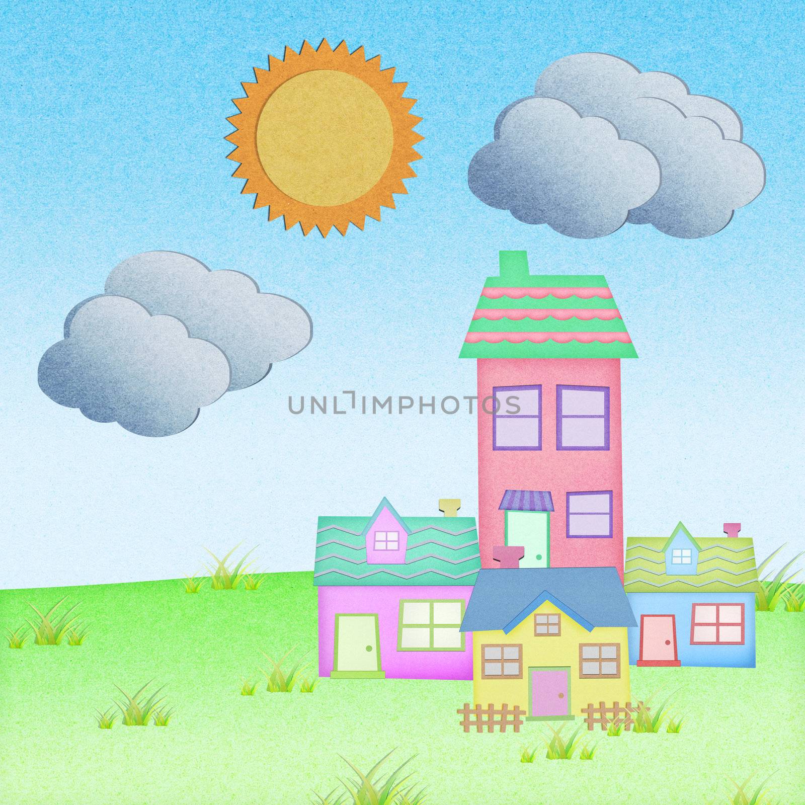 house from recycle paper with grass field with sun and  cloud by jakgree