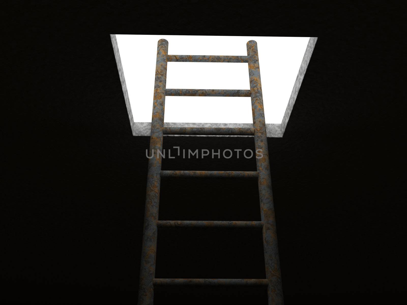 Exit outside on an old long ladder