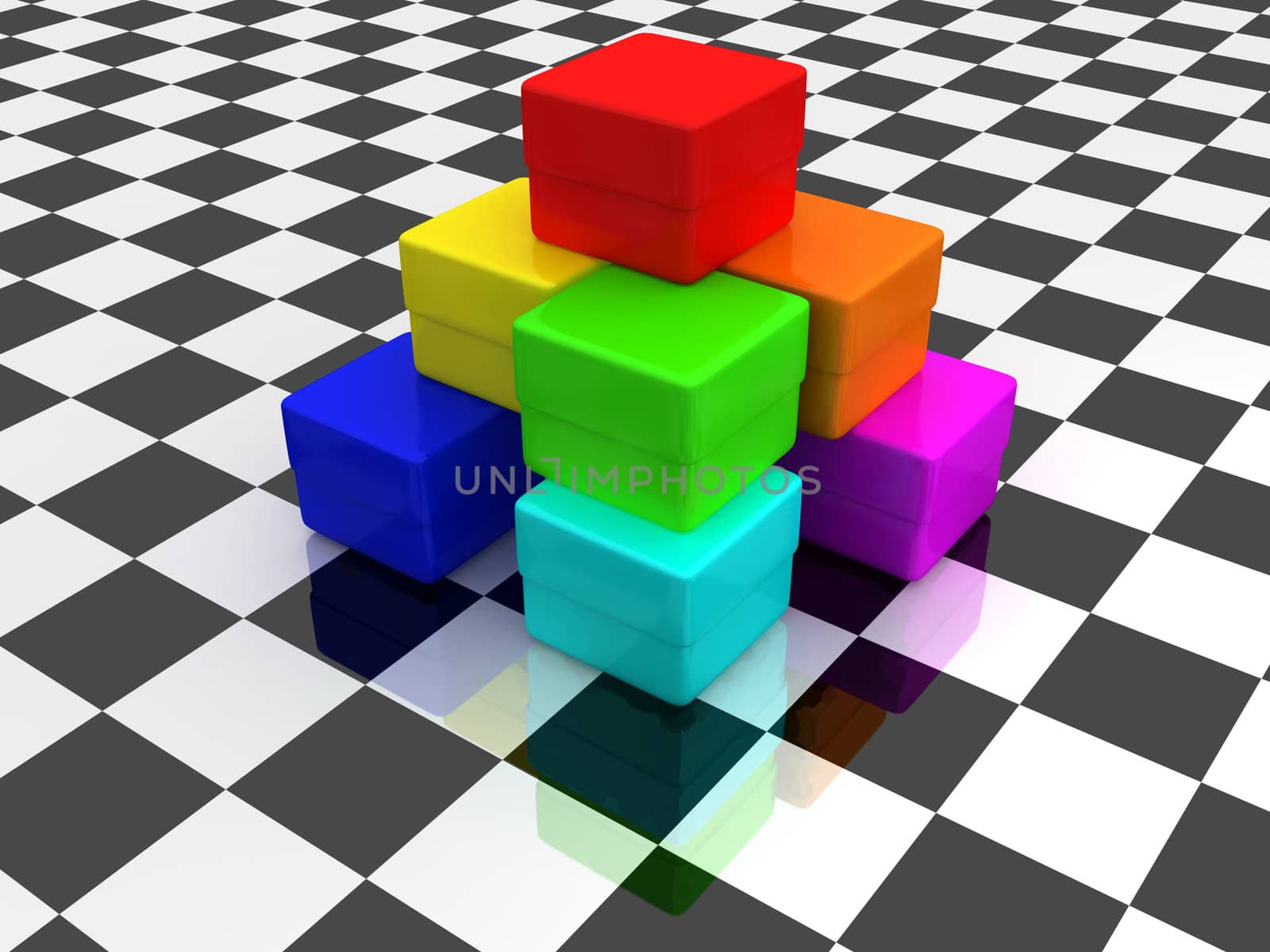 Color boxes standing on the tiled floor