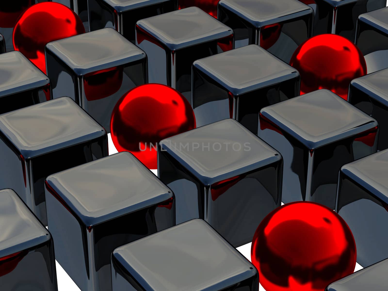 Red balls and black cubes on a white background