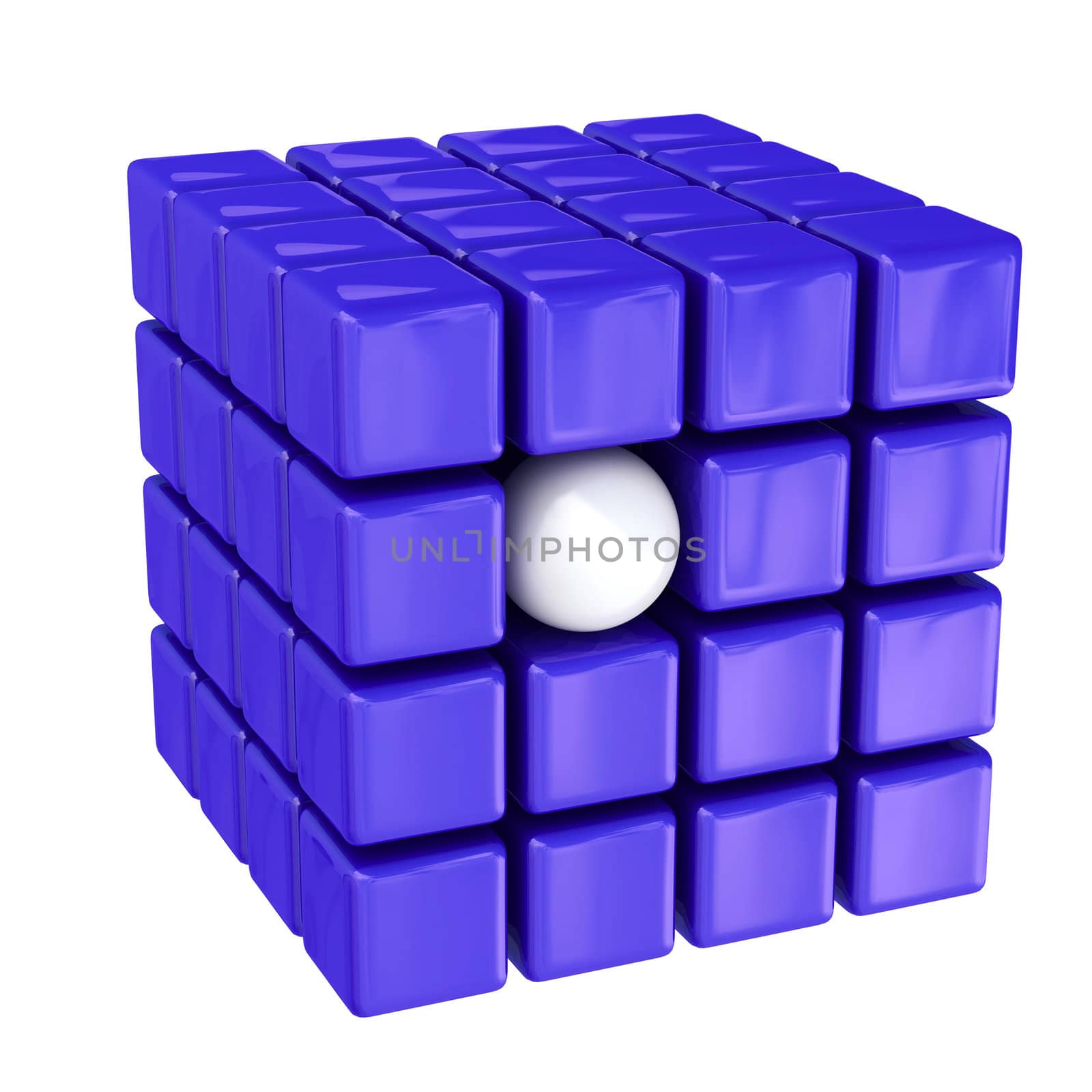 The white ball is among violet cubes 