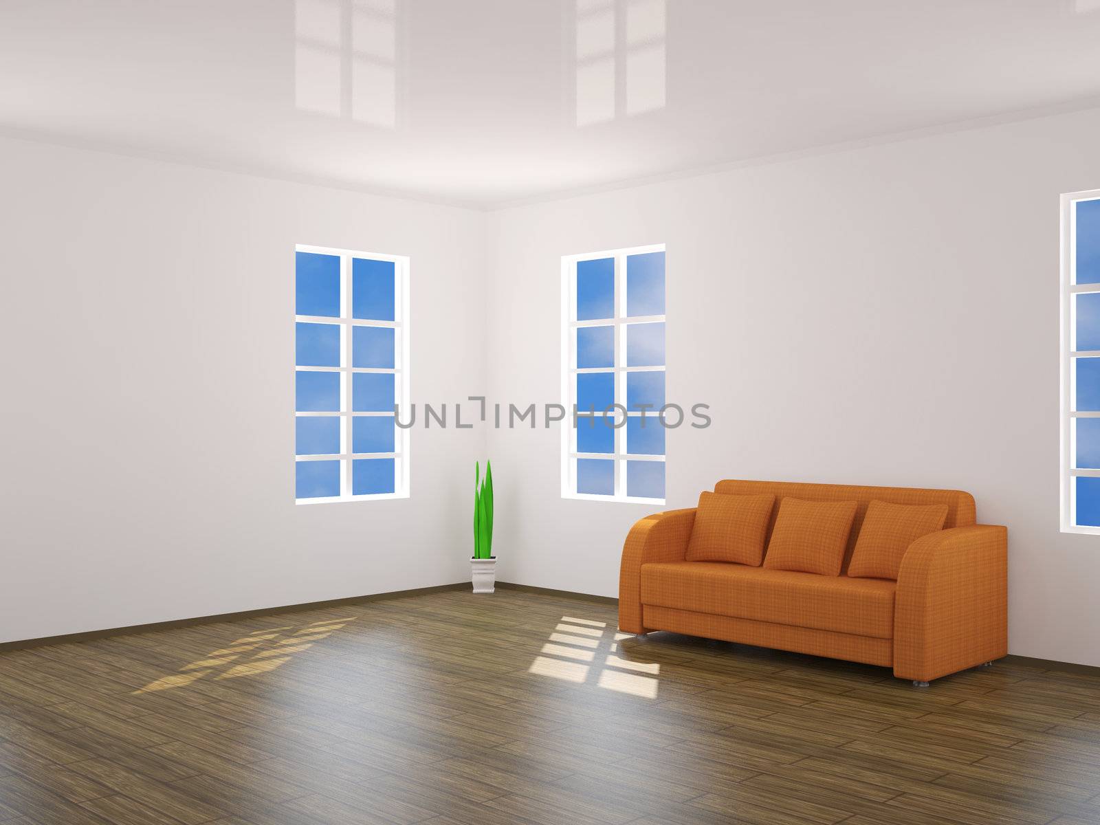 The minimalist interior with orange sofa and plant