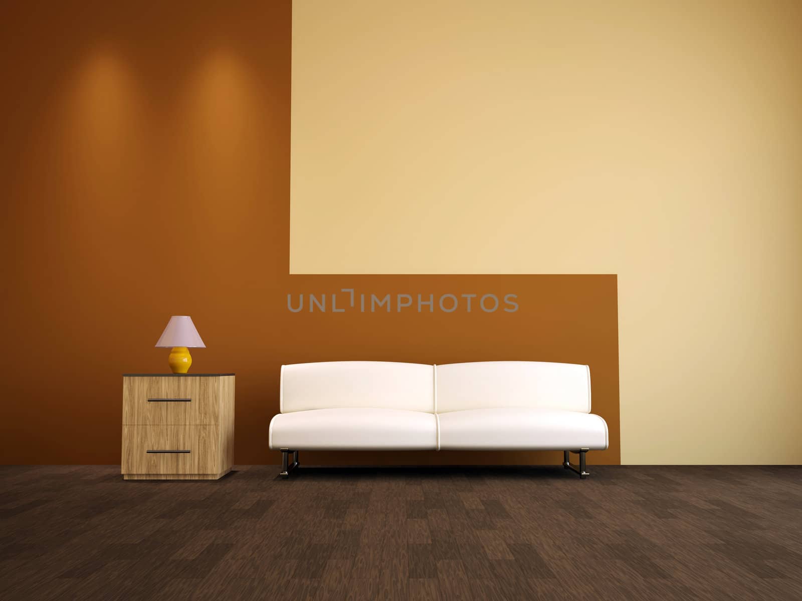 The minimalist interior with a white sofa