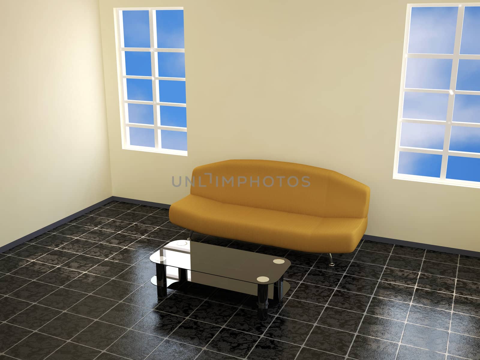 Interior with an orange sofa and a table