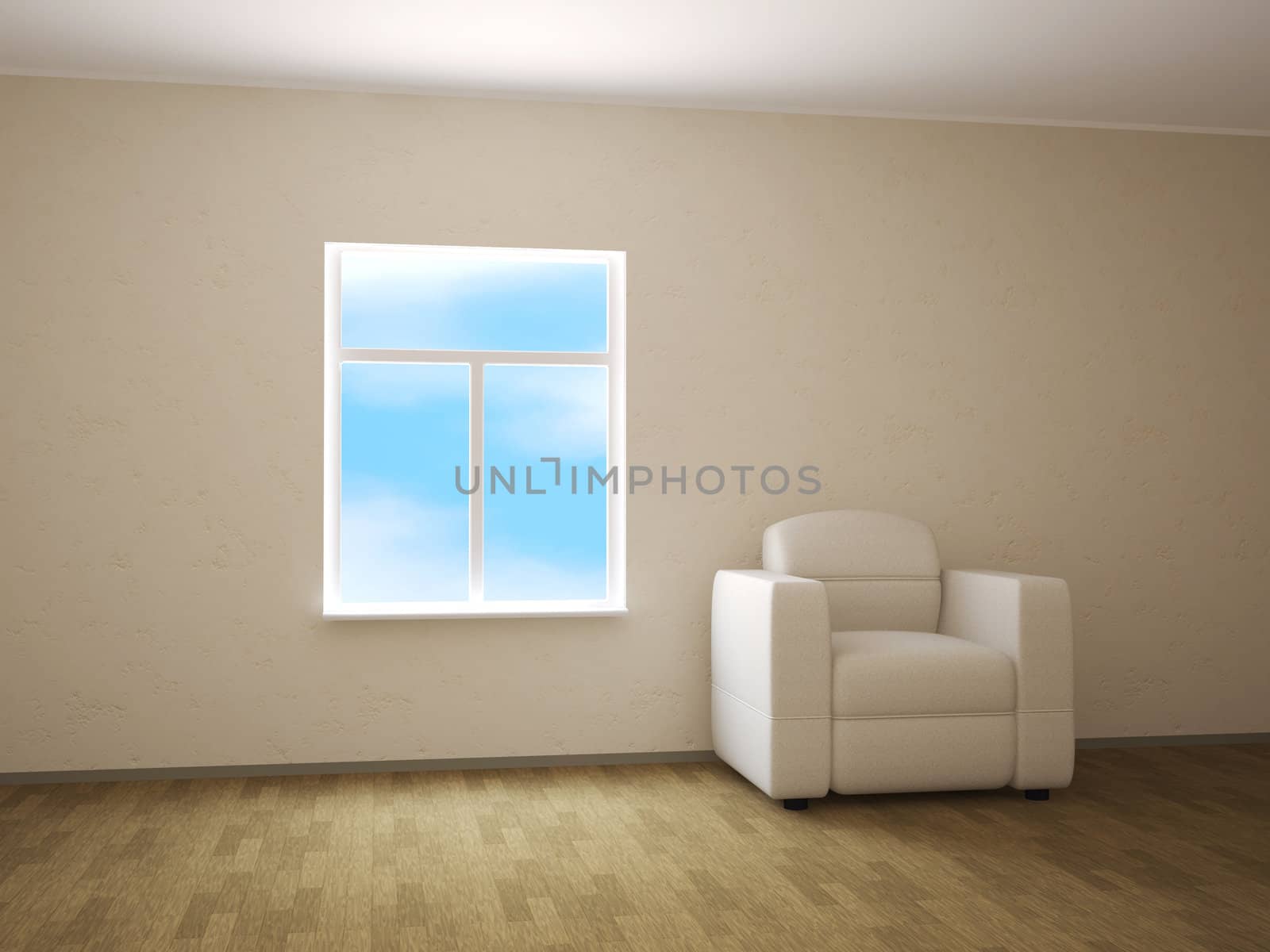 The white armchair is near a window