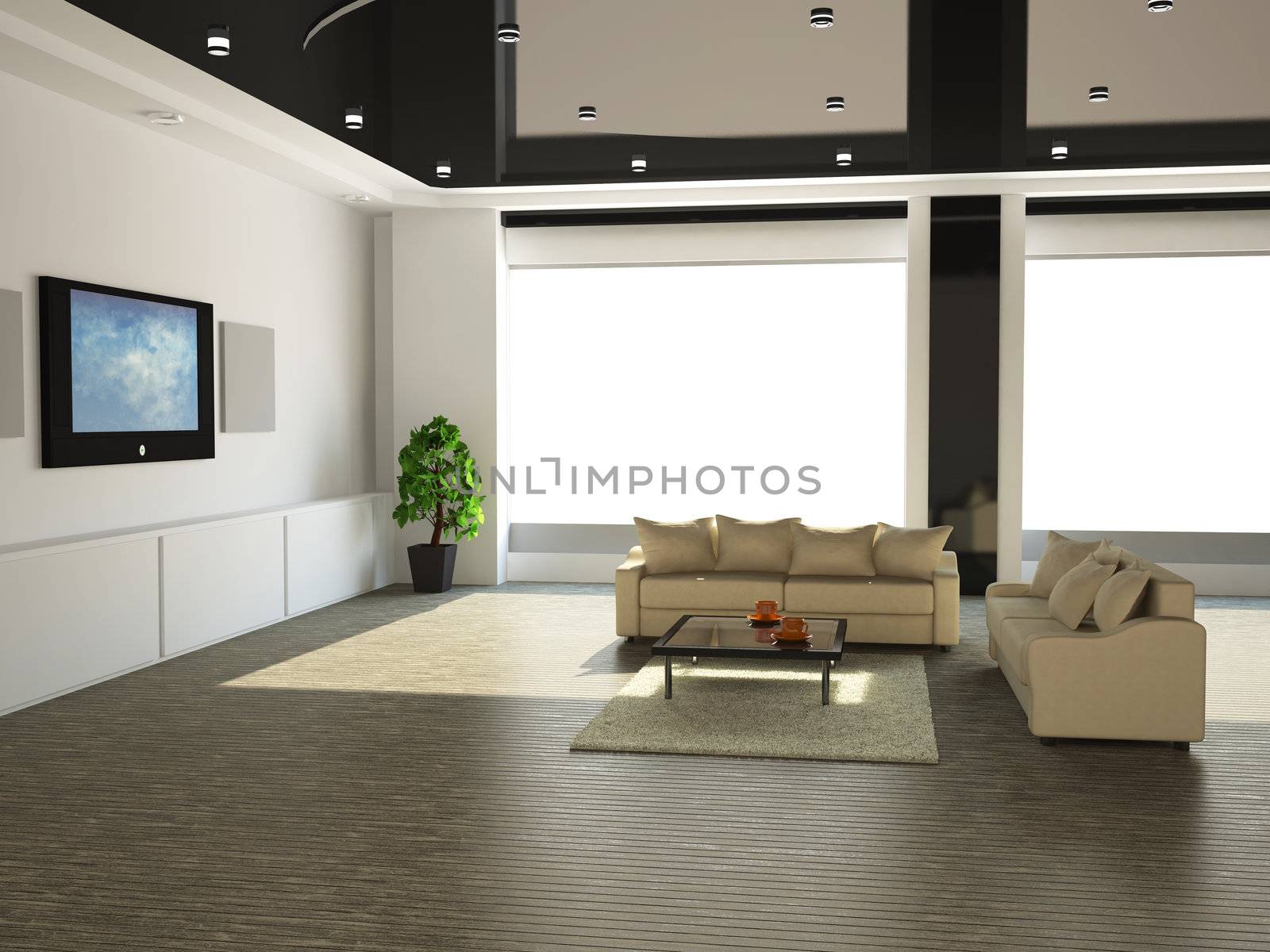 The interior of a large room with white sofa and TV