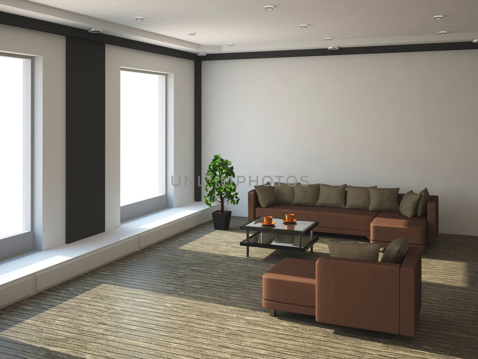 The interior of a large room with brown sofa