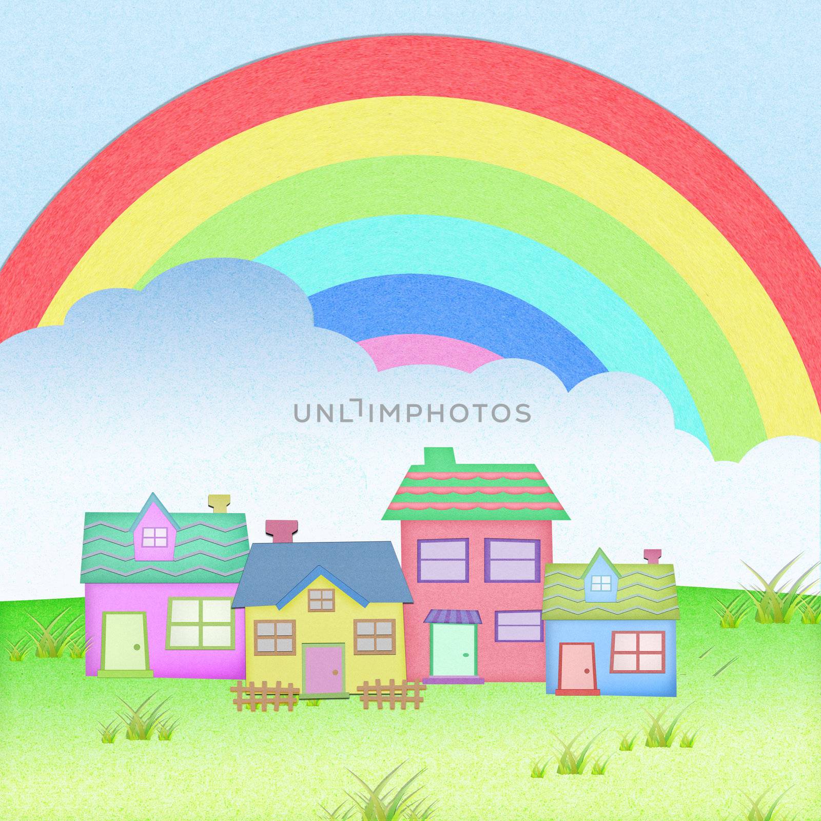 house from recycle paper with grass field rainbow background by jakgree