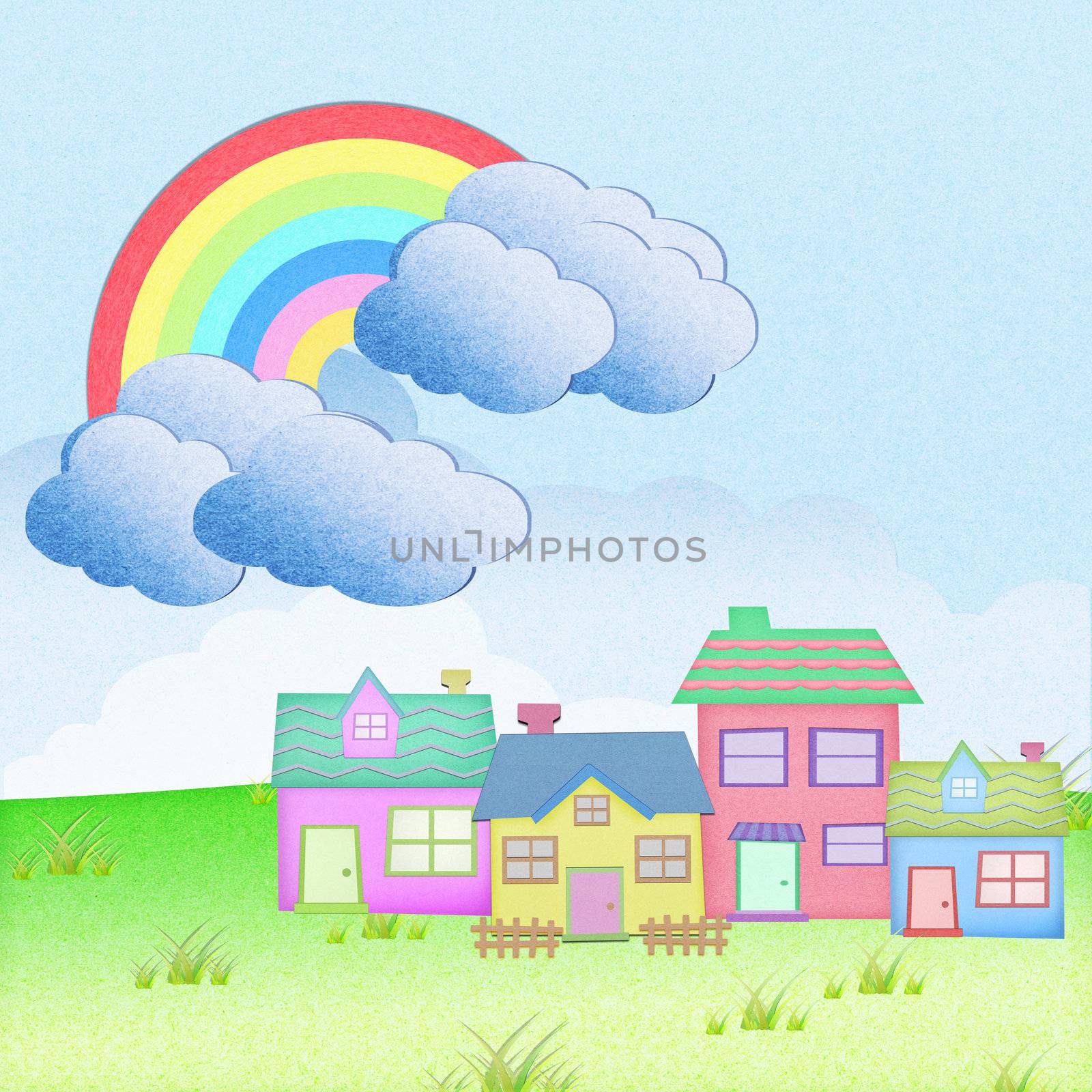 house from recycle paper with grass field rainbow background