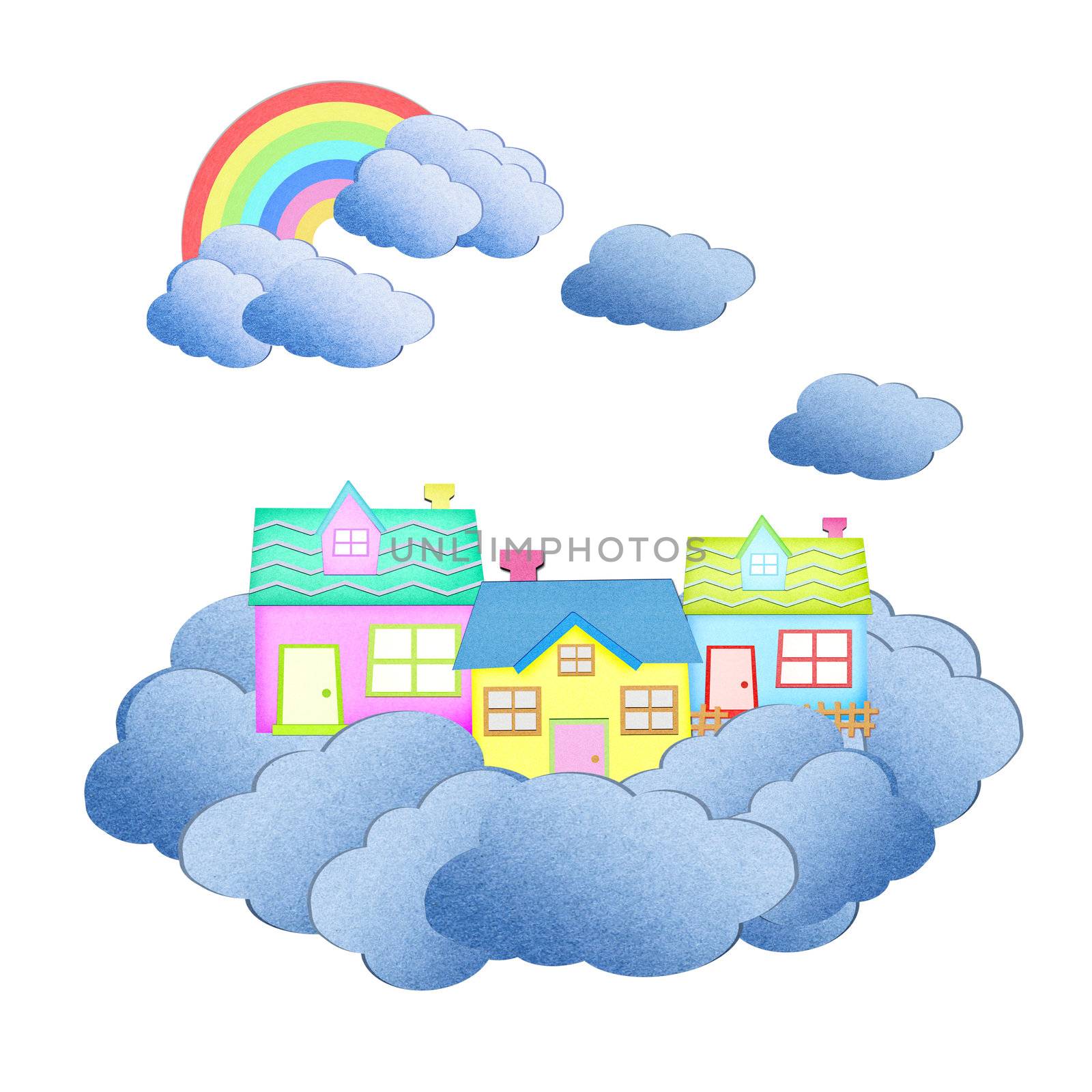 house from recycle paper on a cloud over the sky with rainbow