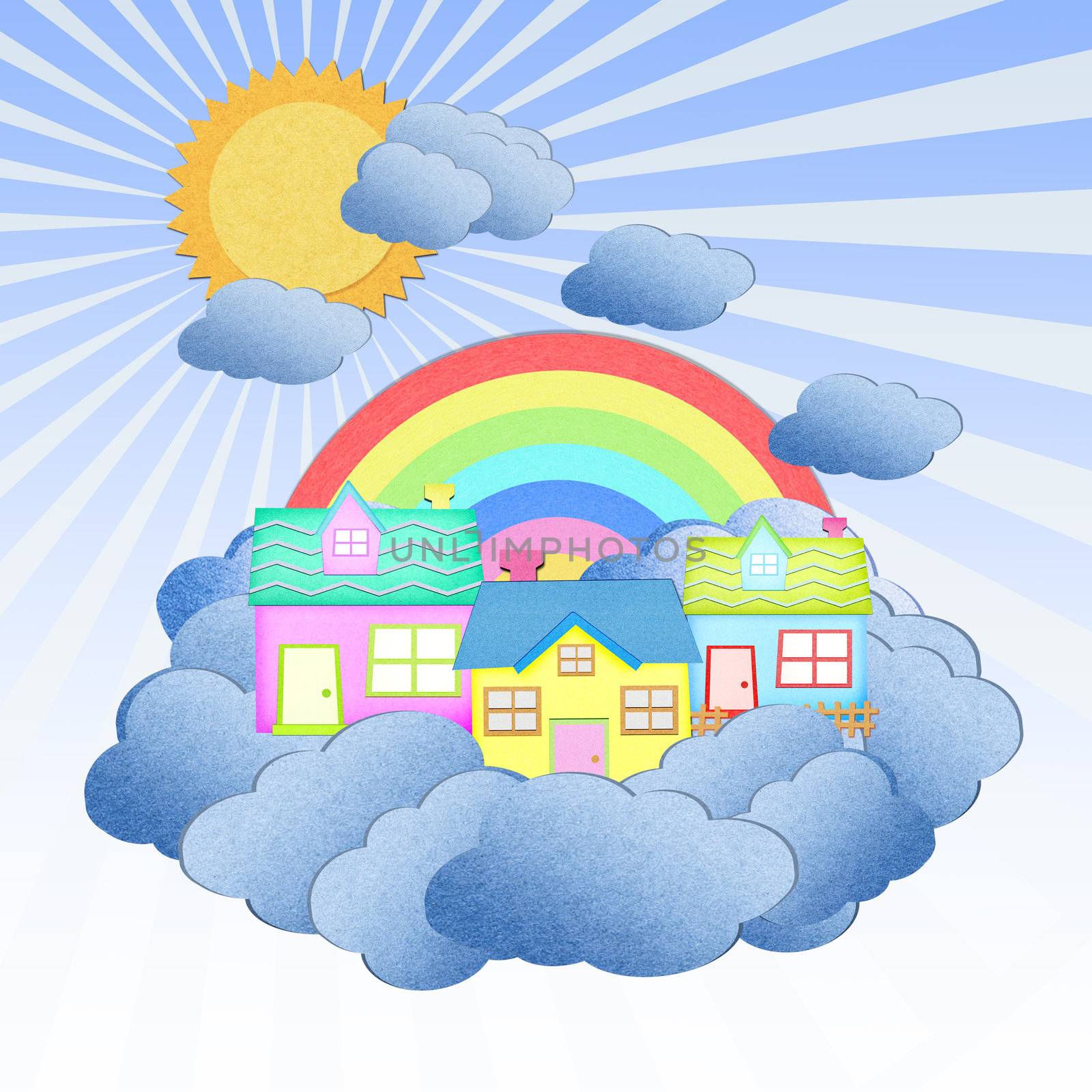 house from recycle paper on a cloud over the sky with rainbow by jakgree
