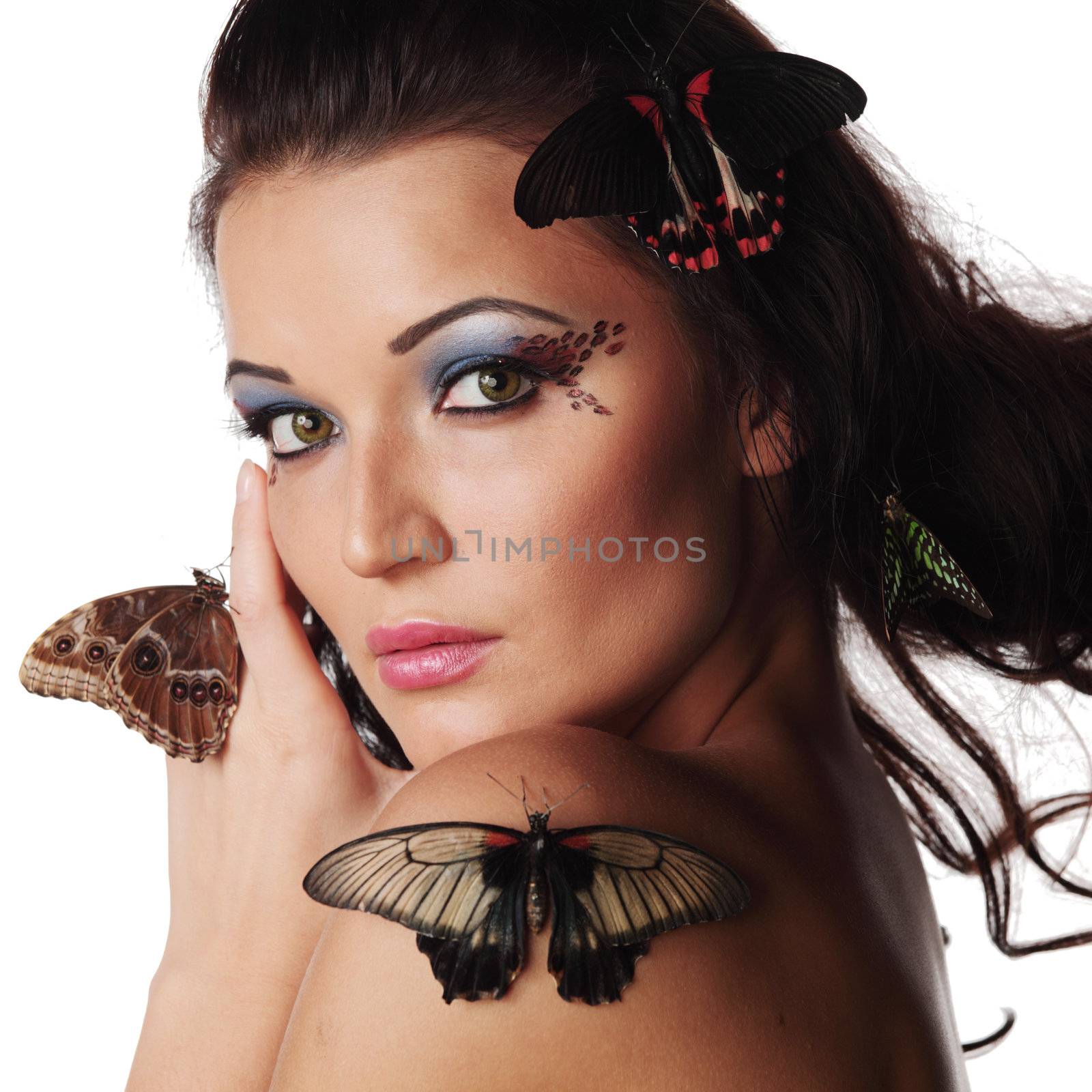 woman and butterfly on white