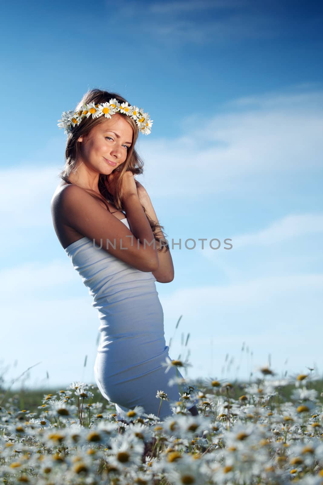 girl in dress on the daisy flowers field by Yellowj