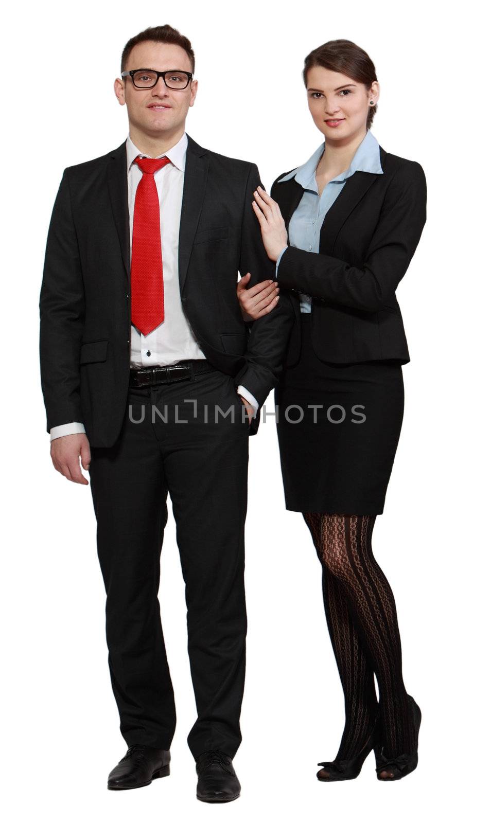 Young business couple isolated against a white background.