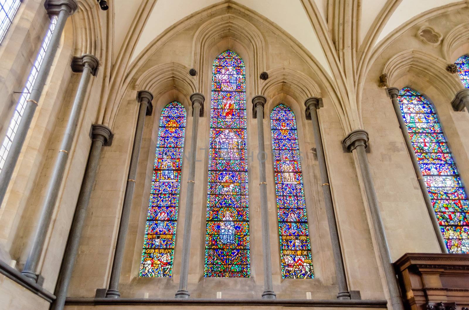 Stained-glass windows at Temple Church, London, UK