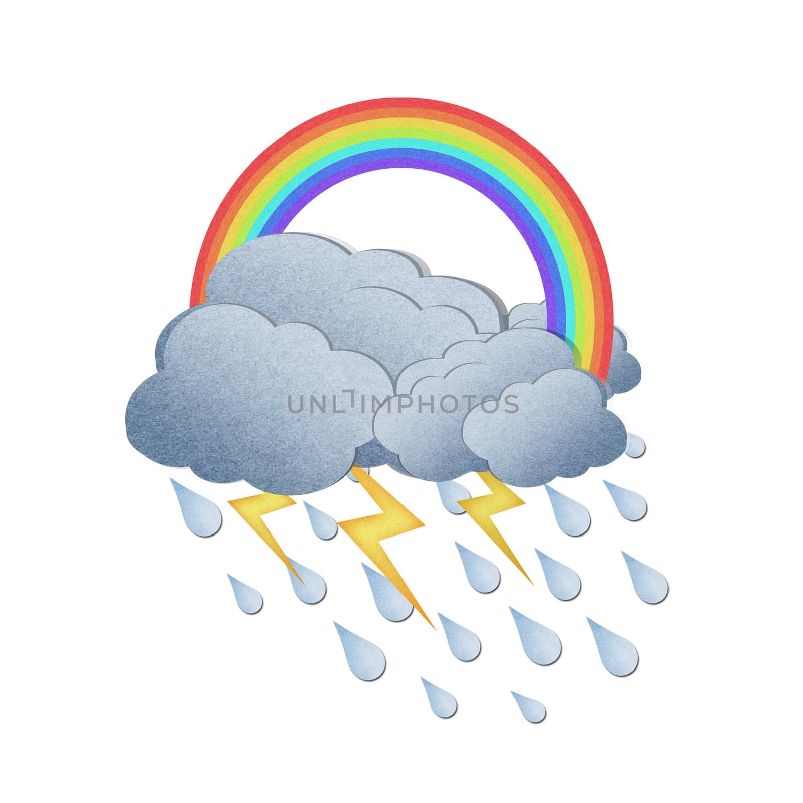  Grunge recycled paper rainbow with rain on white background