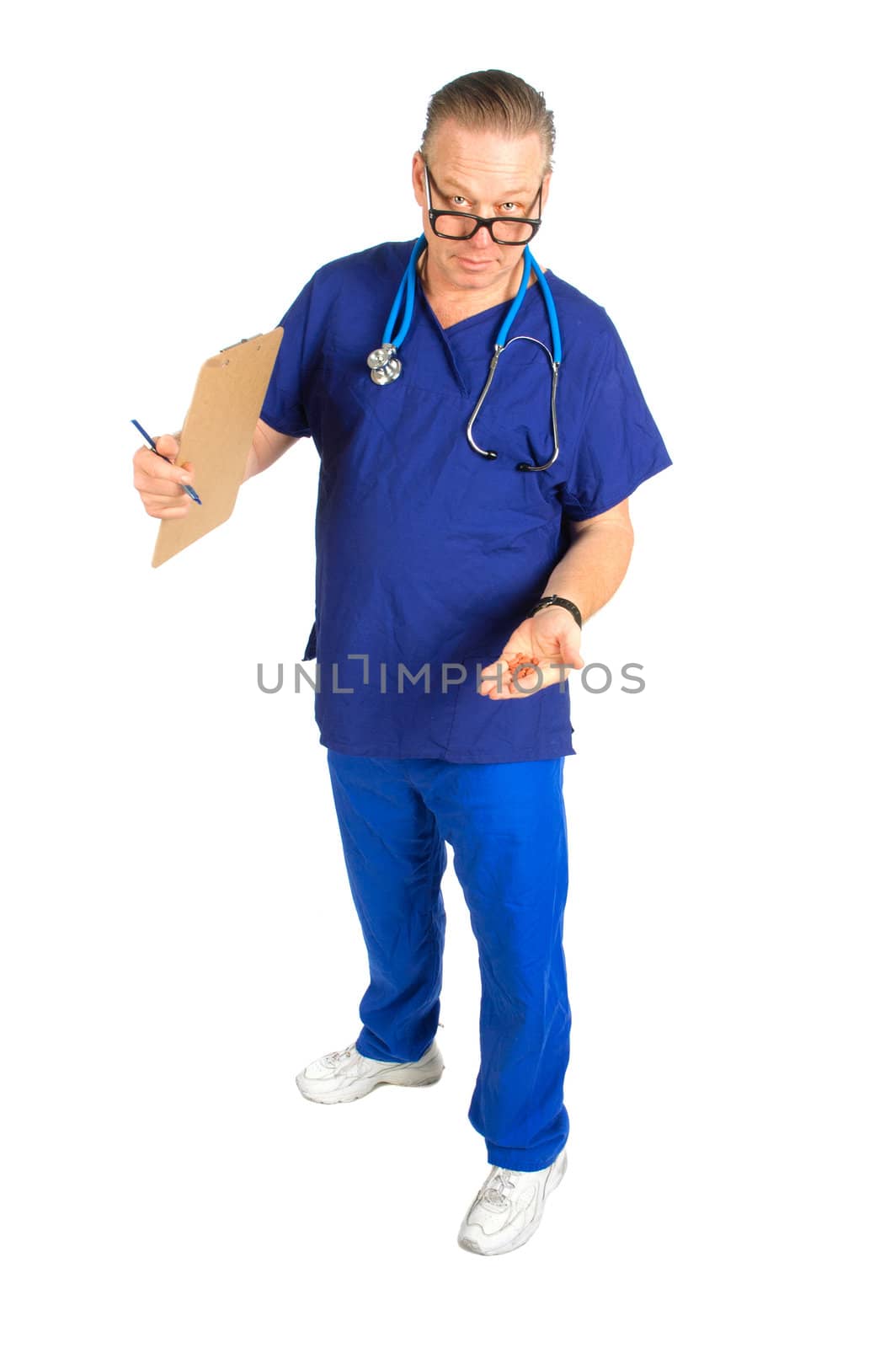 Male nurse or doctor with chart and stethoscope around neck,  isolated on white