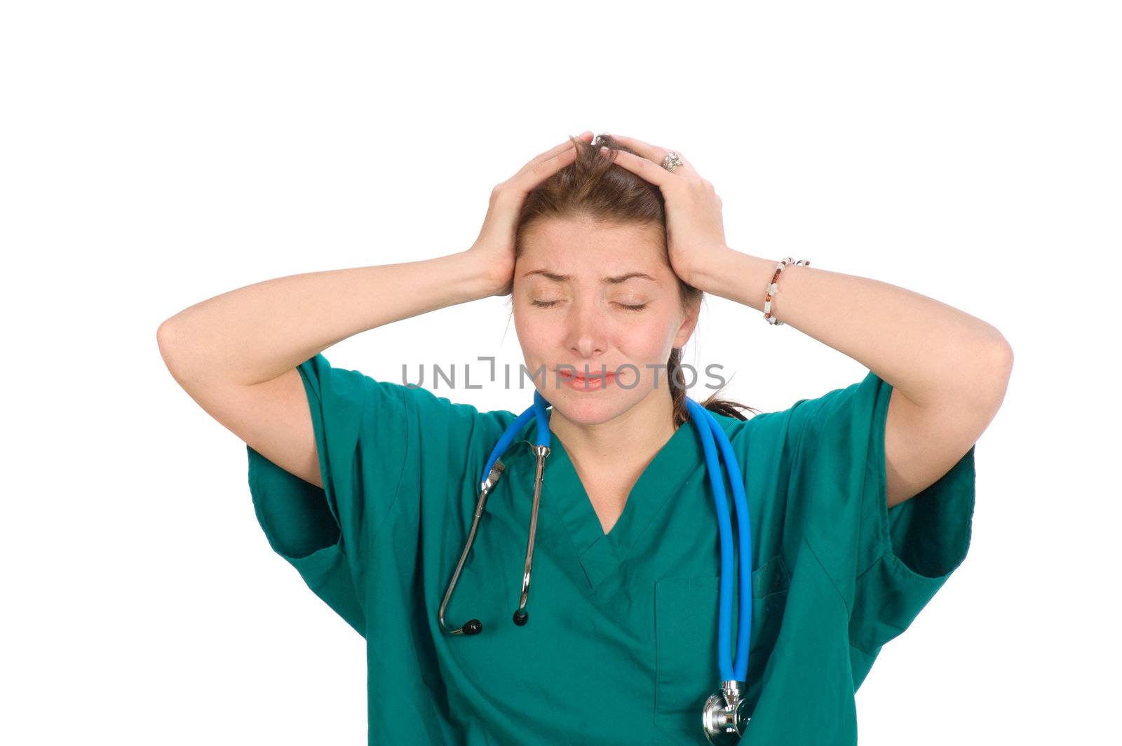 Male nurse or doctor with chart and stethoscope around neck,  isolated on white