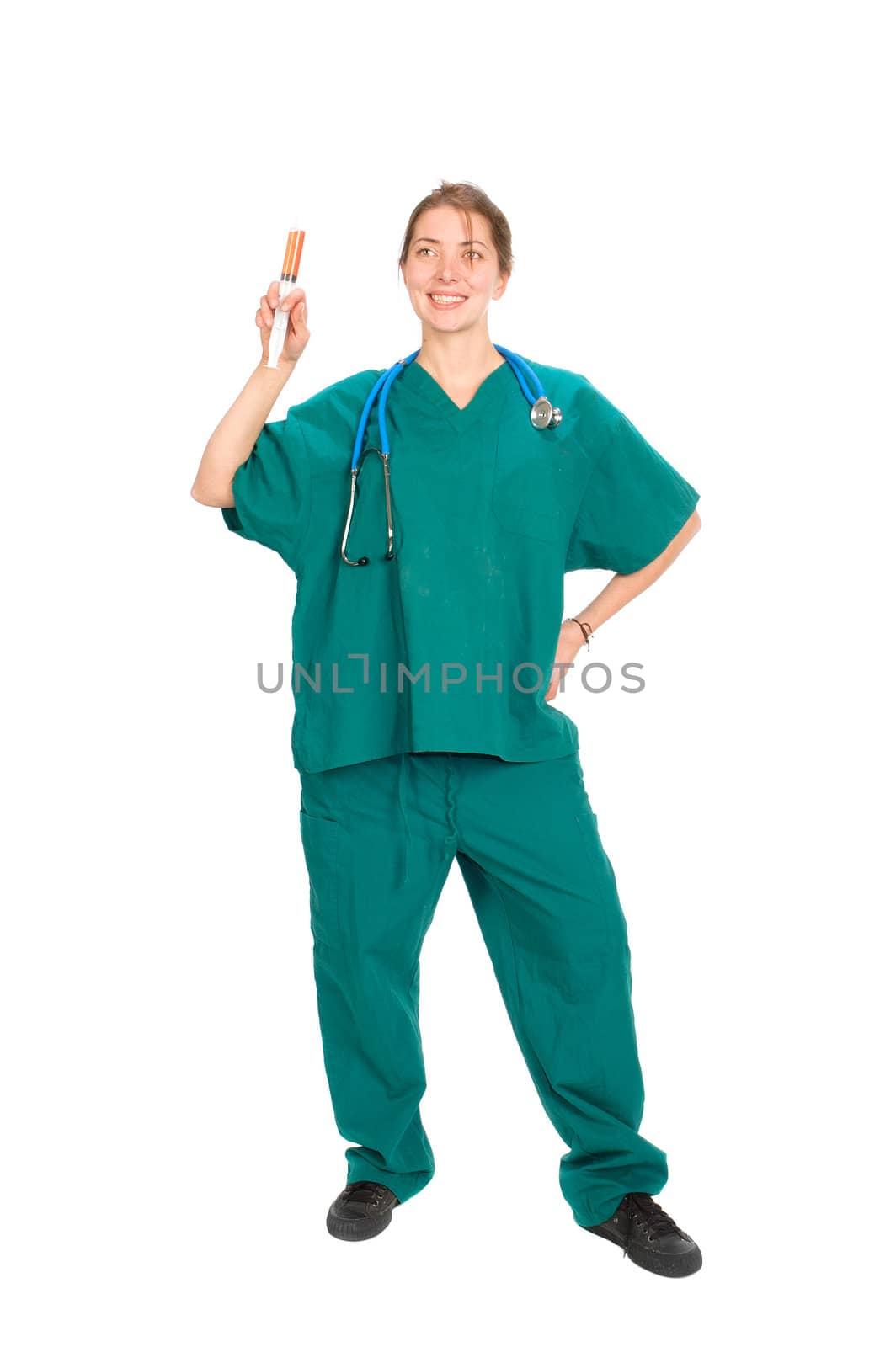 female nurse or doctor with large needle ready for injection,  isolated on white