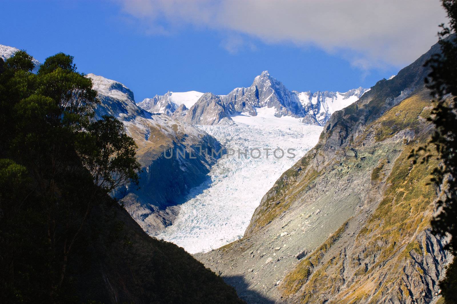 Fox Glacier in New Zealand's South Island showing the current position in 2012