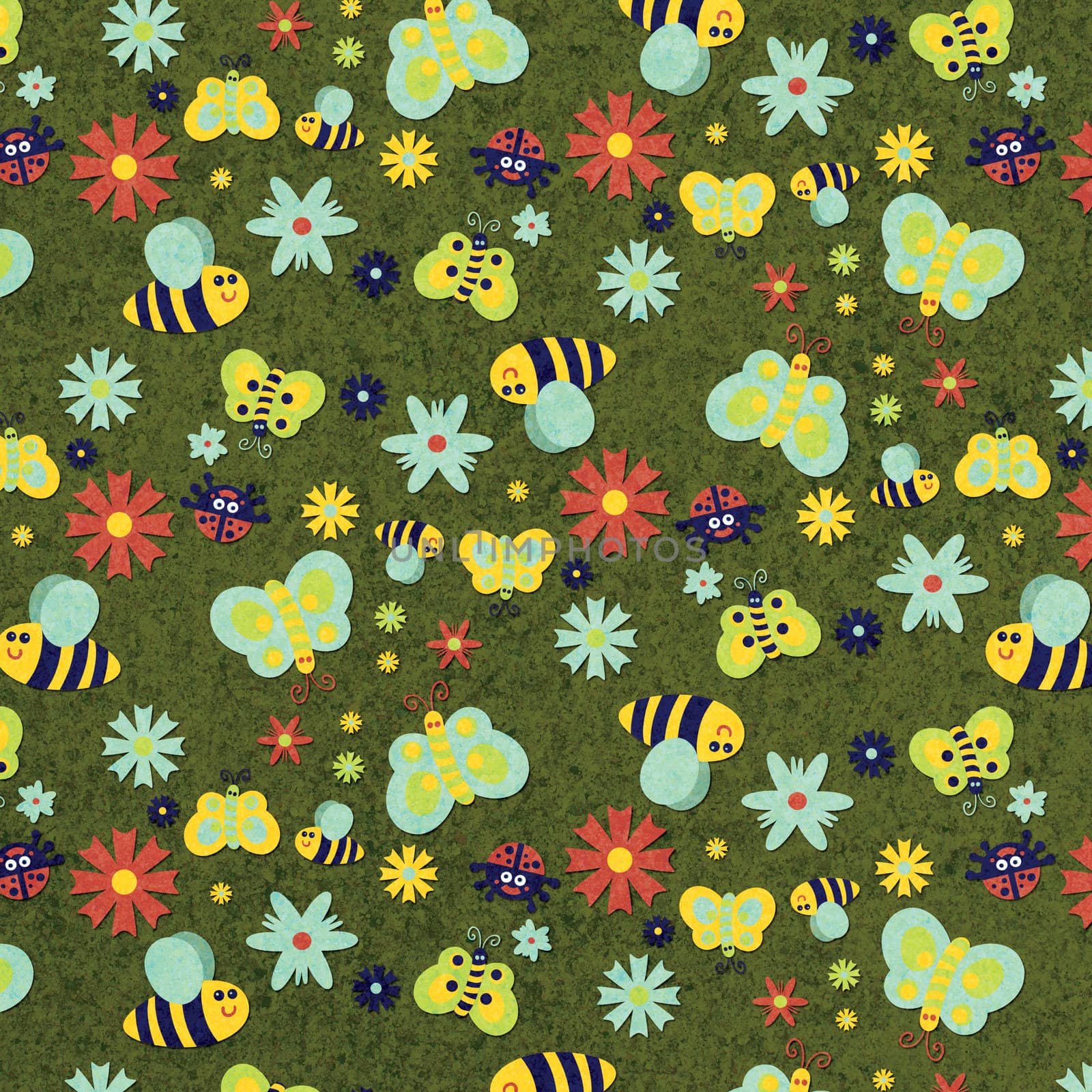 Summer themed pattern with butterflies, bees, and flowers with green textured background
