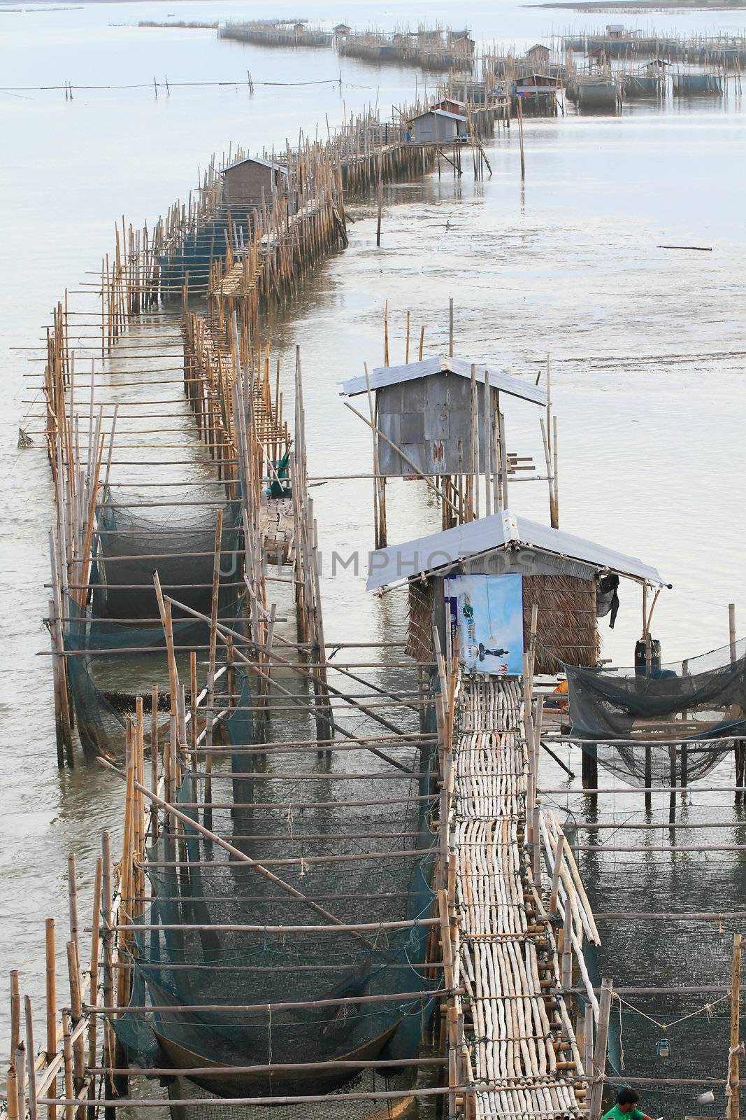 fish farm (floating net for keeping fish in water) at Chanthaburi river Thailand