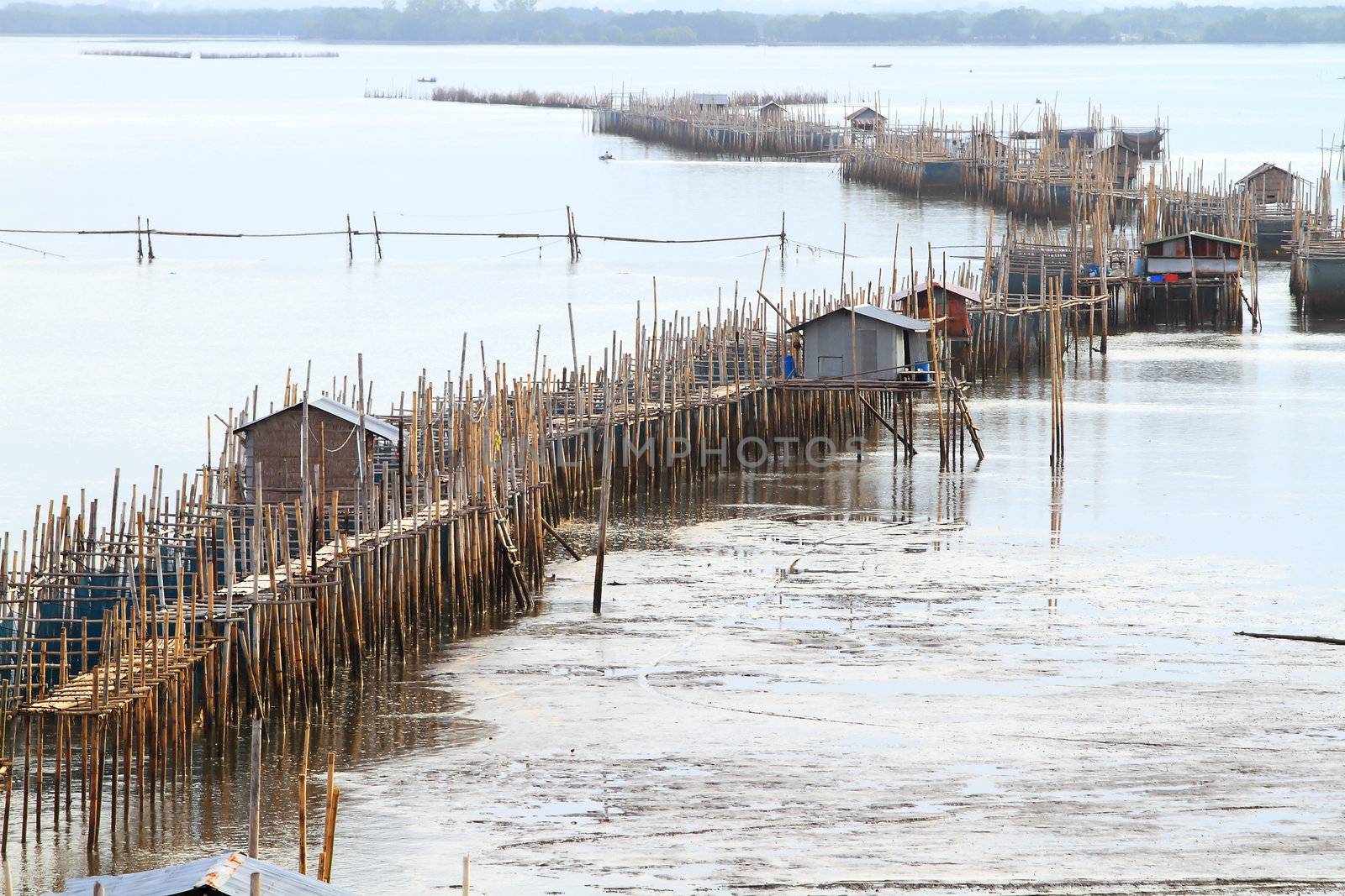 fish farm (floating net for keeping fish in water) at Chanthaburi river Thailand