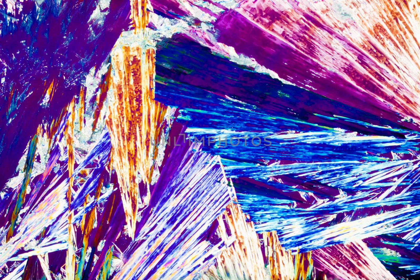 Colorful apearence of crystals of hydroquinone or quinol, a photographic film developer, in polarized light.