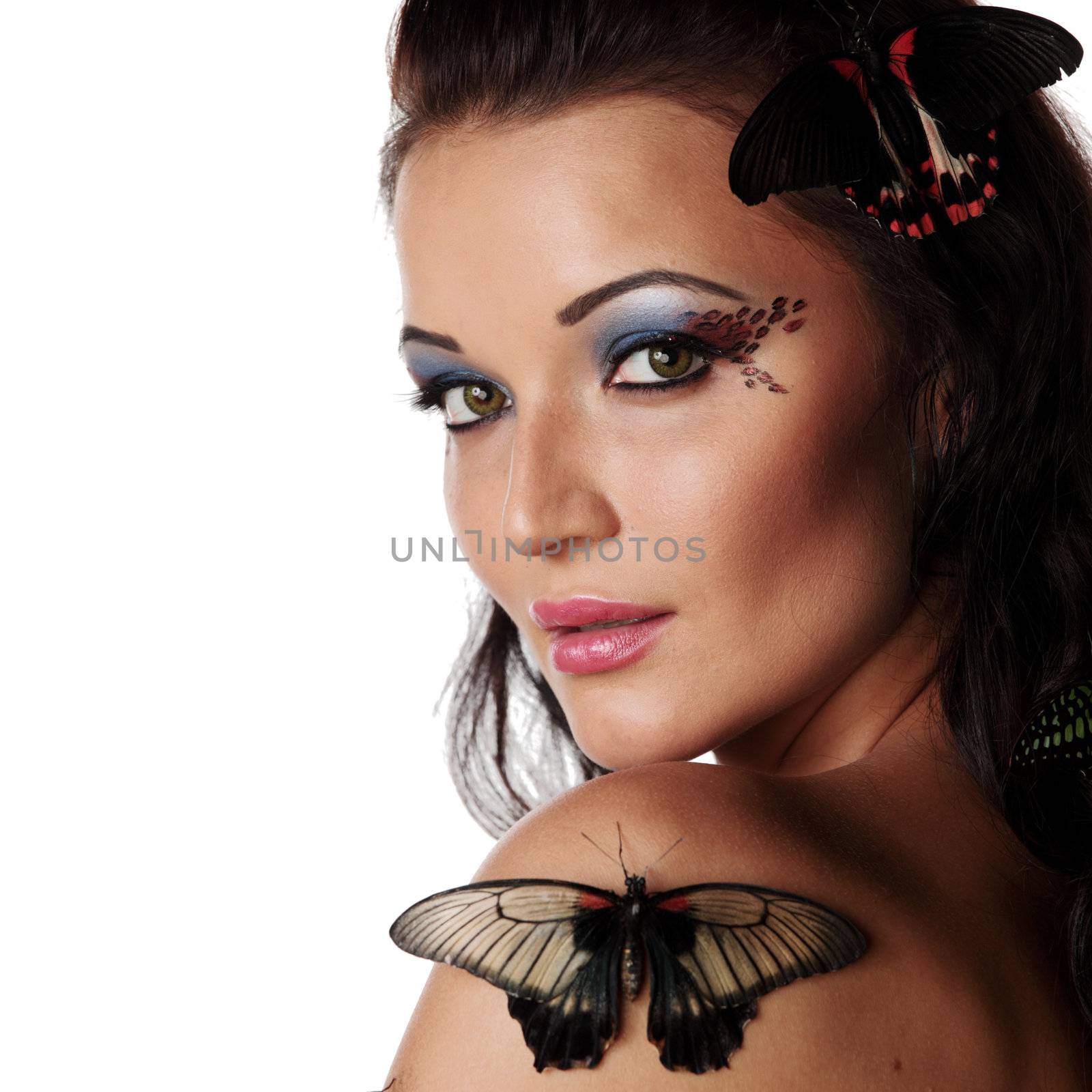 woman and butterfly on white
