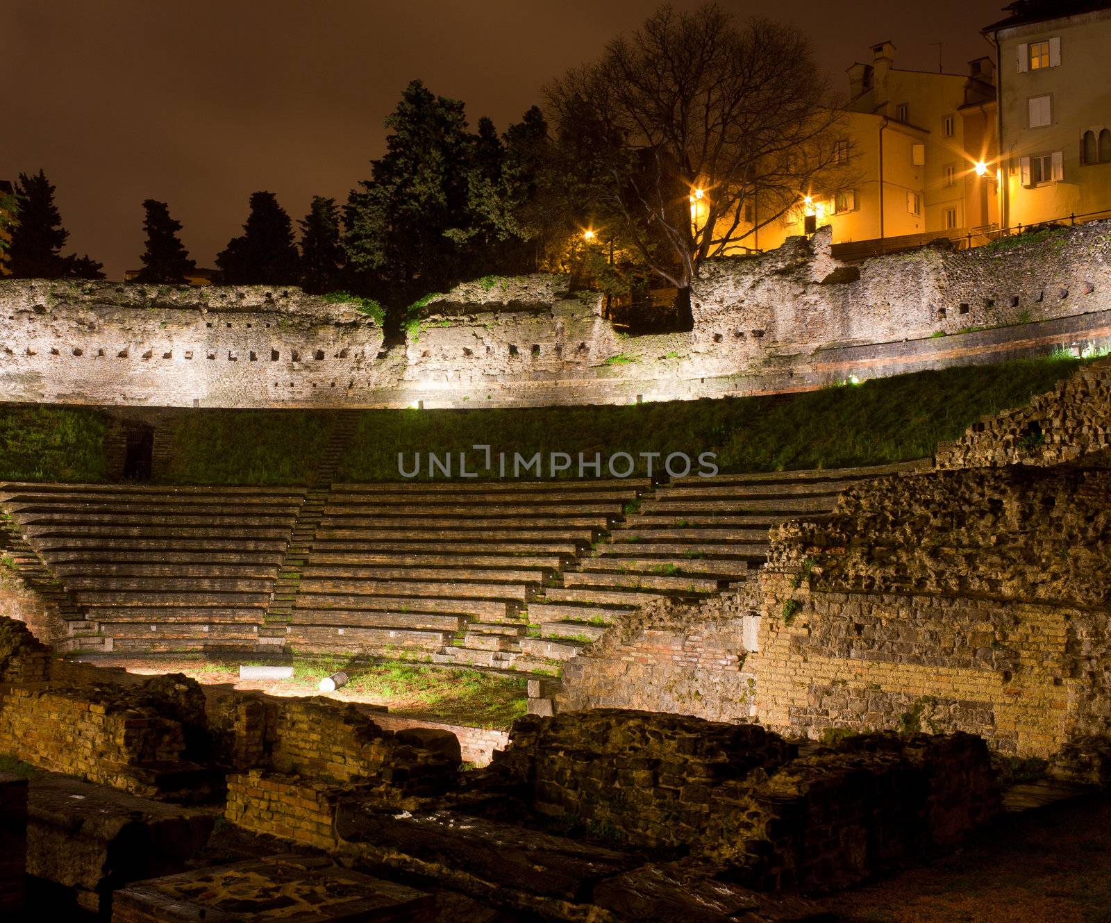 View of Roman Theater at sunset in Trieste, Italy
