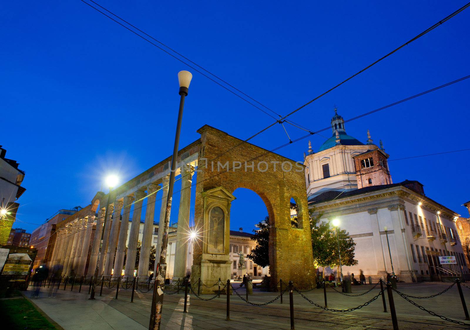 View of Columns and Basilica of San Lorenzo in Milan, Italy
