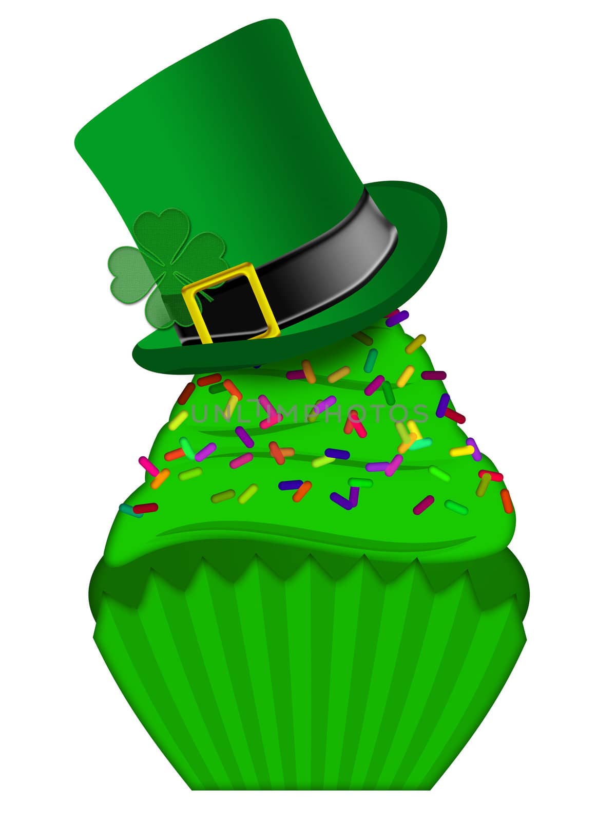 St Patricks Day Cupcake with Colorful Chocolate Chip Sprinkles and Leprechaun Hat Isolated on White Background