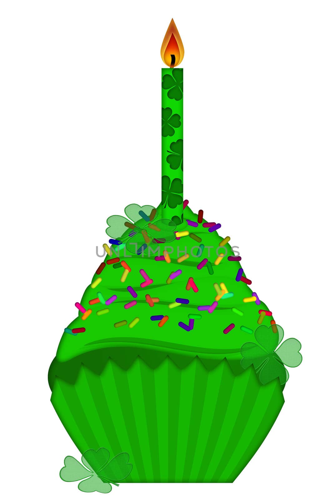 St Patricks Day Cupcake with Colorful Chocolate Chip Sprinkles and Candle Isolated on White Background