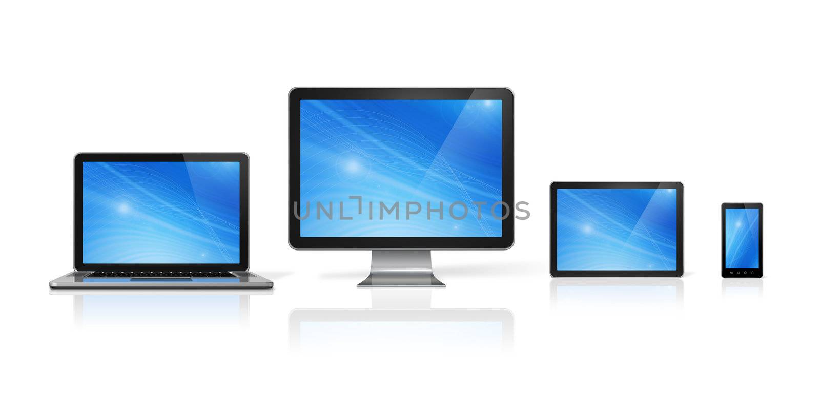 3D computer, laptop, mobile phone and digital tablet pc - isolated on white with clipping path