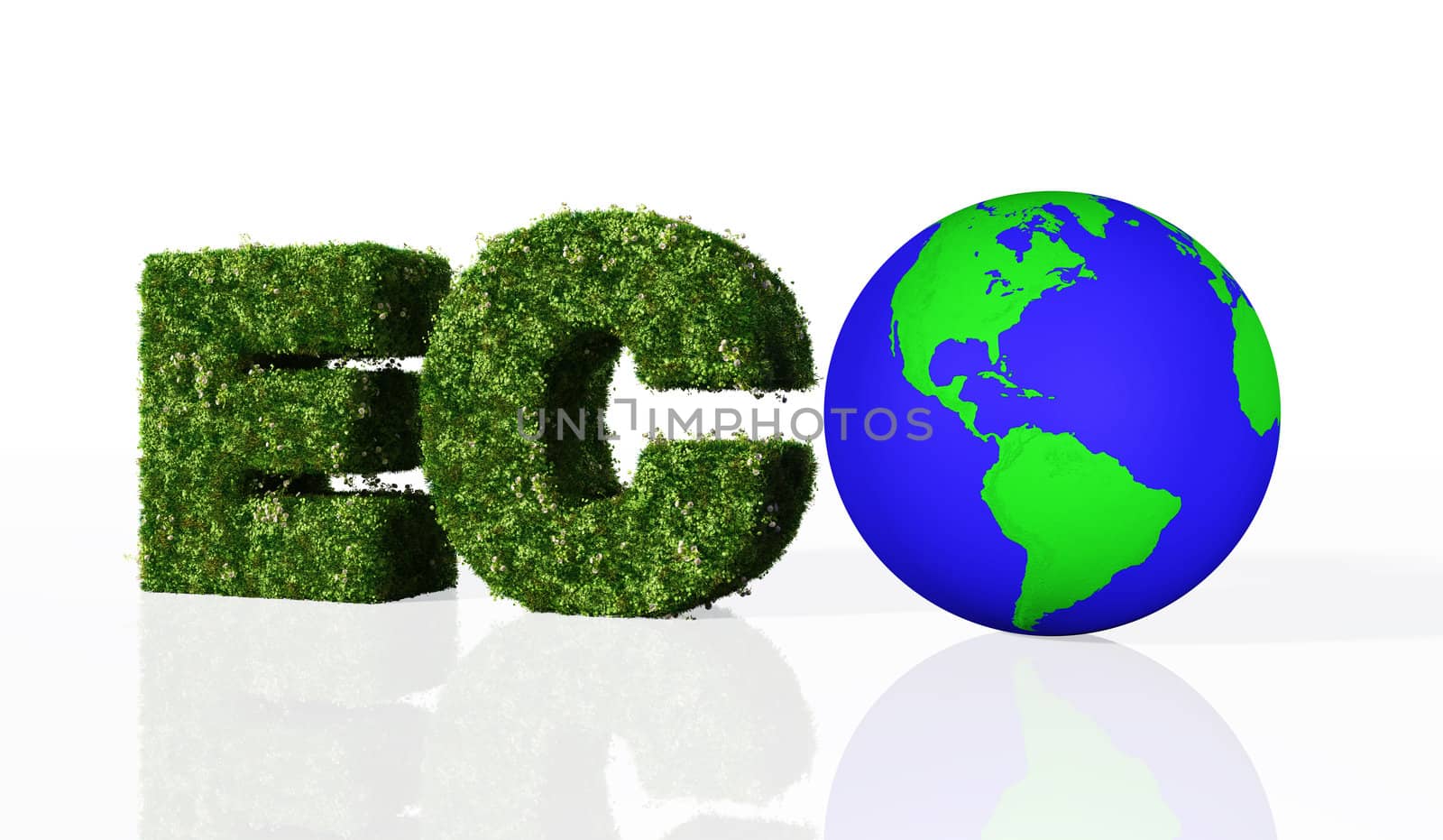 a view of the eco word composed from the letters E and C that are covered by grass and flowers, and the letter O that has been replaced by a blue and green world