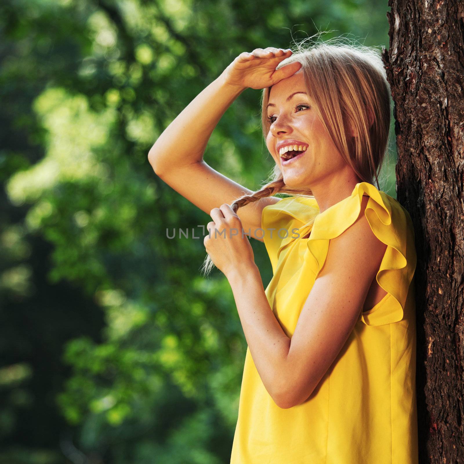 happy woman in forest
