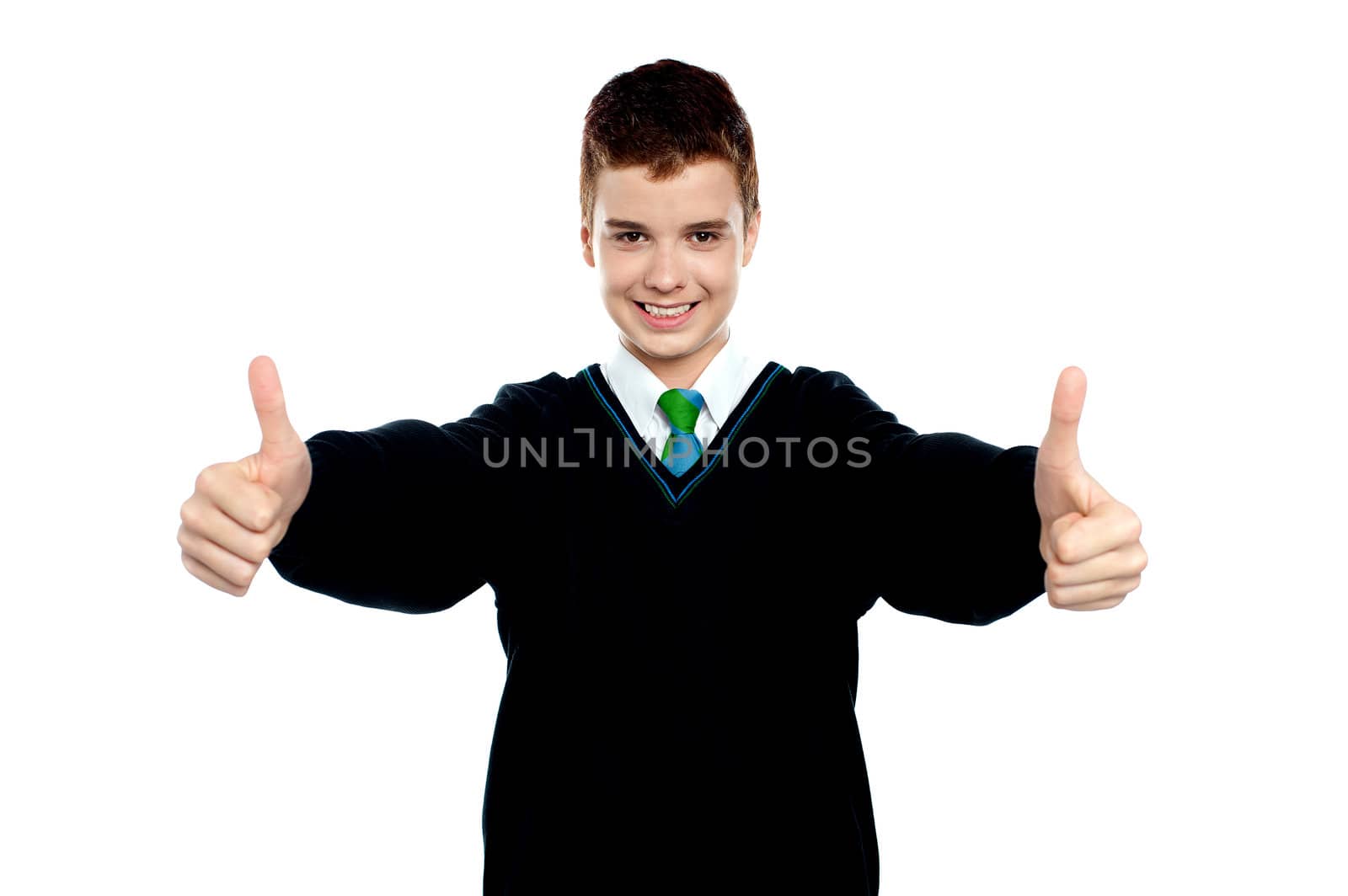 Cute kid showing double thumbs up to camera. All on white background