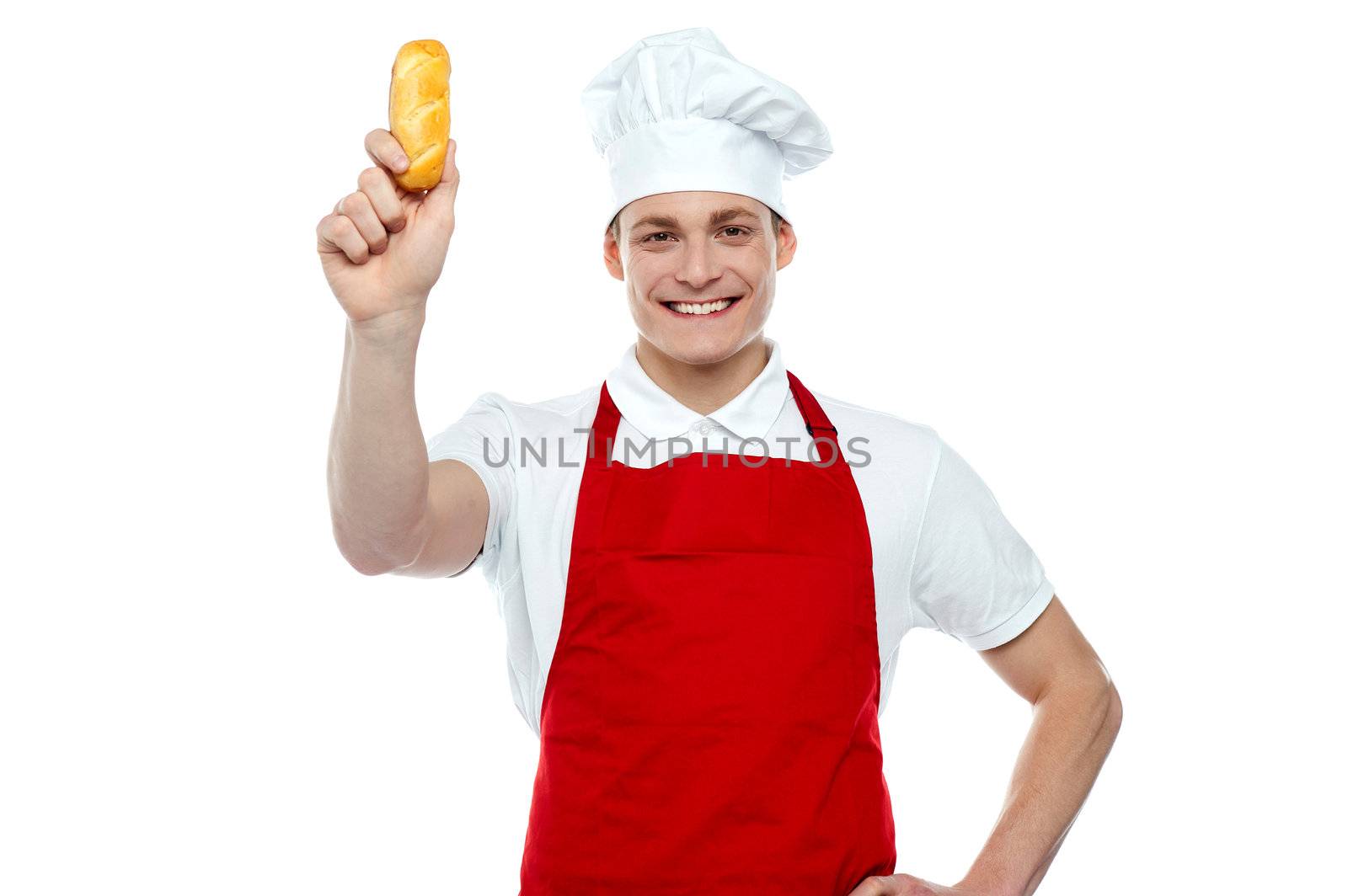 Male chef showing bread before preparing hot dog meal