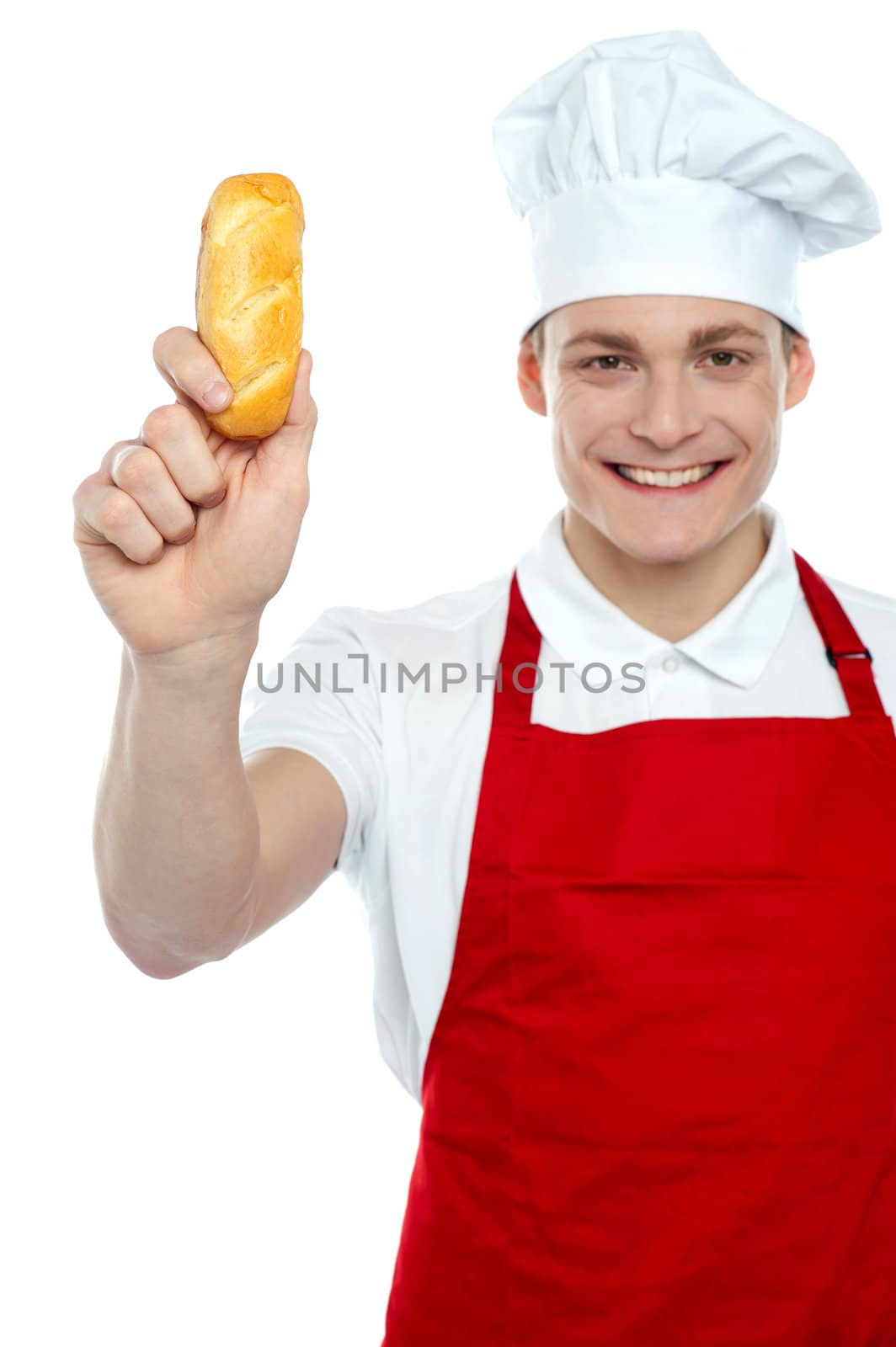 Its time for some yummy hot dog. Chef showing bread before baking it