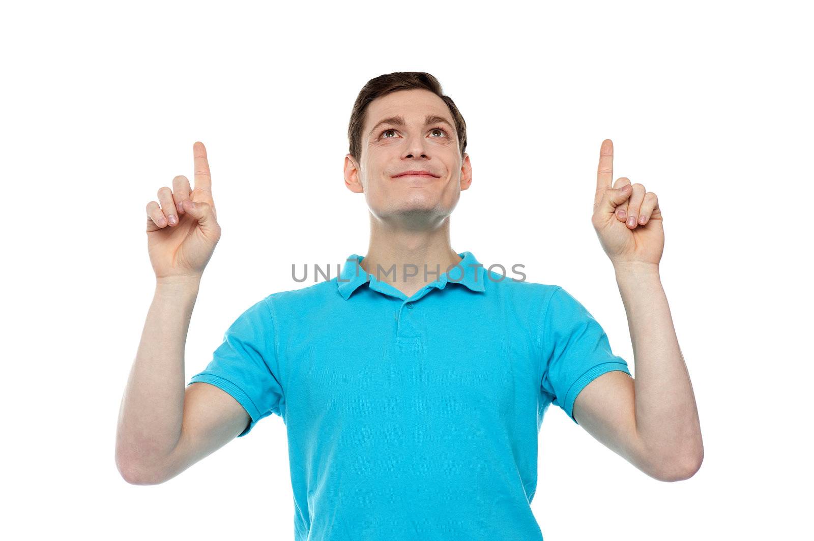 Caucasian man point and looking upwards. All on white background