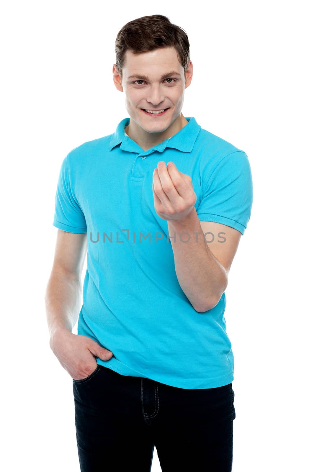 Smart young smiling guy posing in style isolated on white background