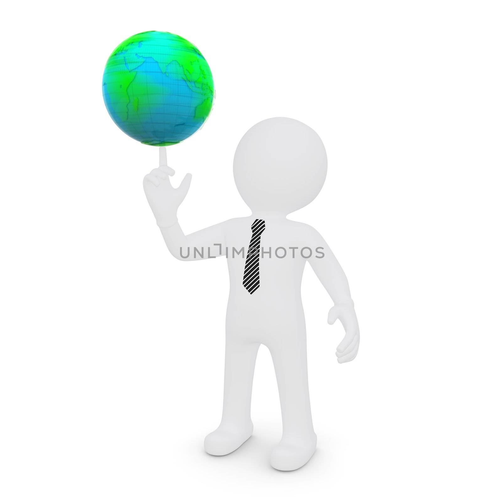 The white man's finger rotates the earth. isolated on white background