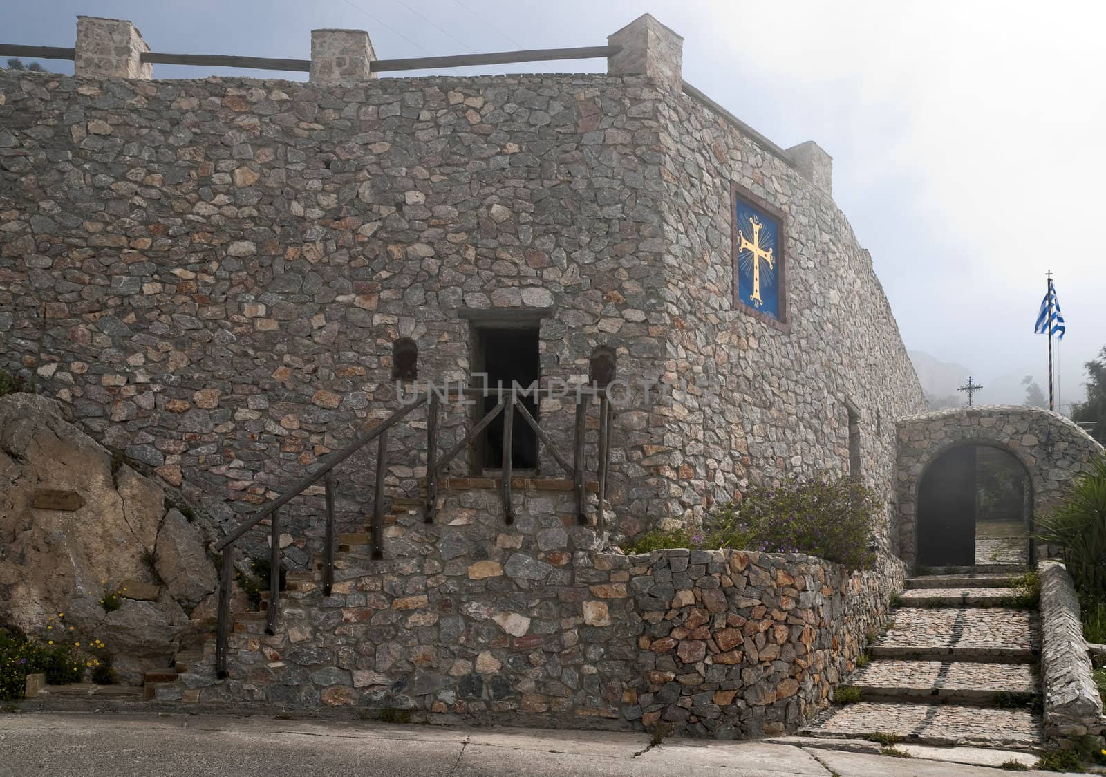 Profitis Ilias monastery stone wall and entrance
