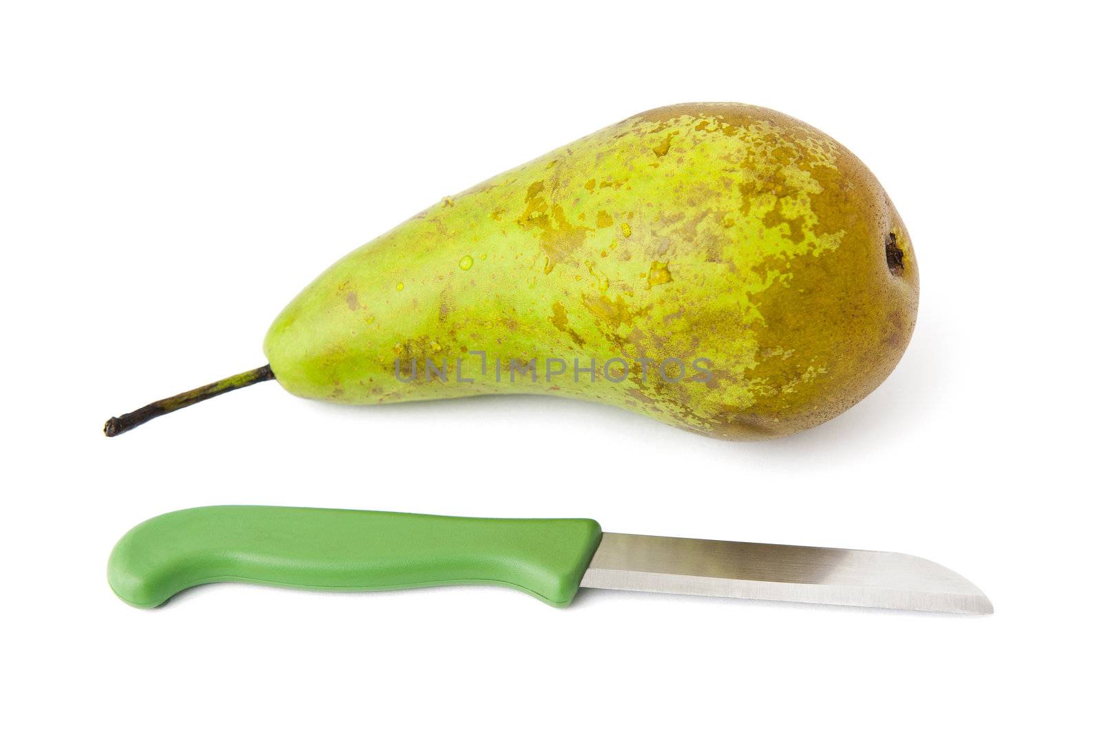 Pear and knife isolated on the white background