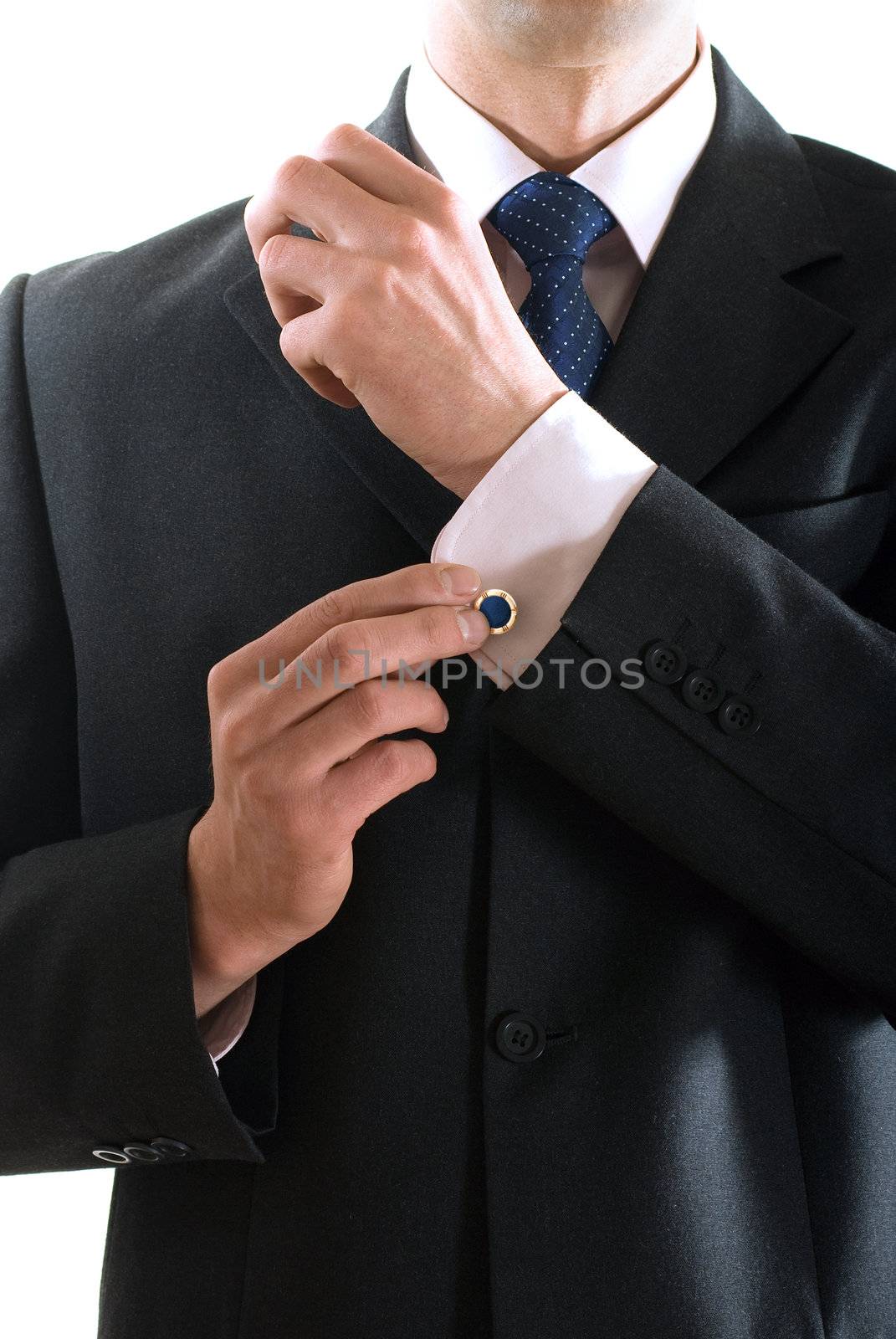 businessman attempts to button up the button on the gland