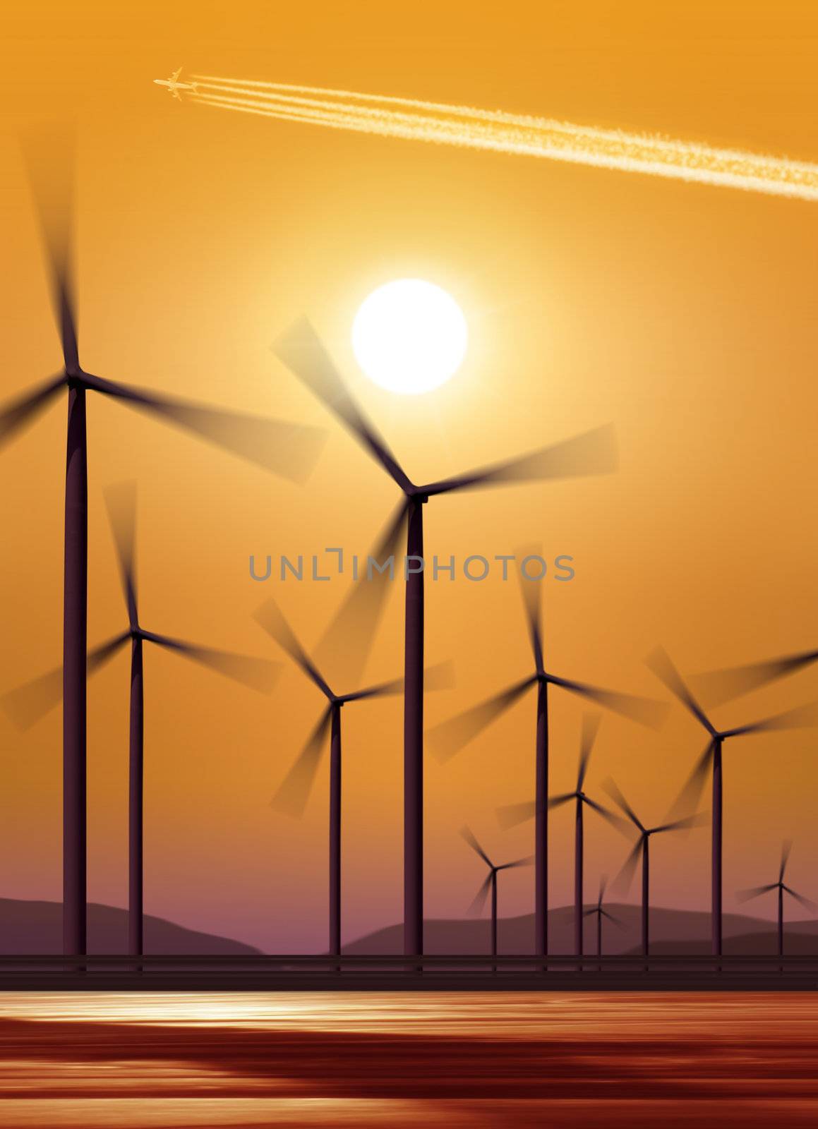 silhouette of wind turbines generating electricity on sunset background