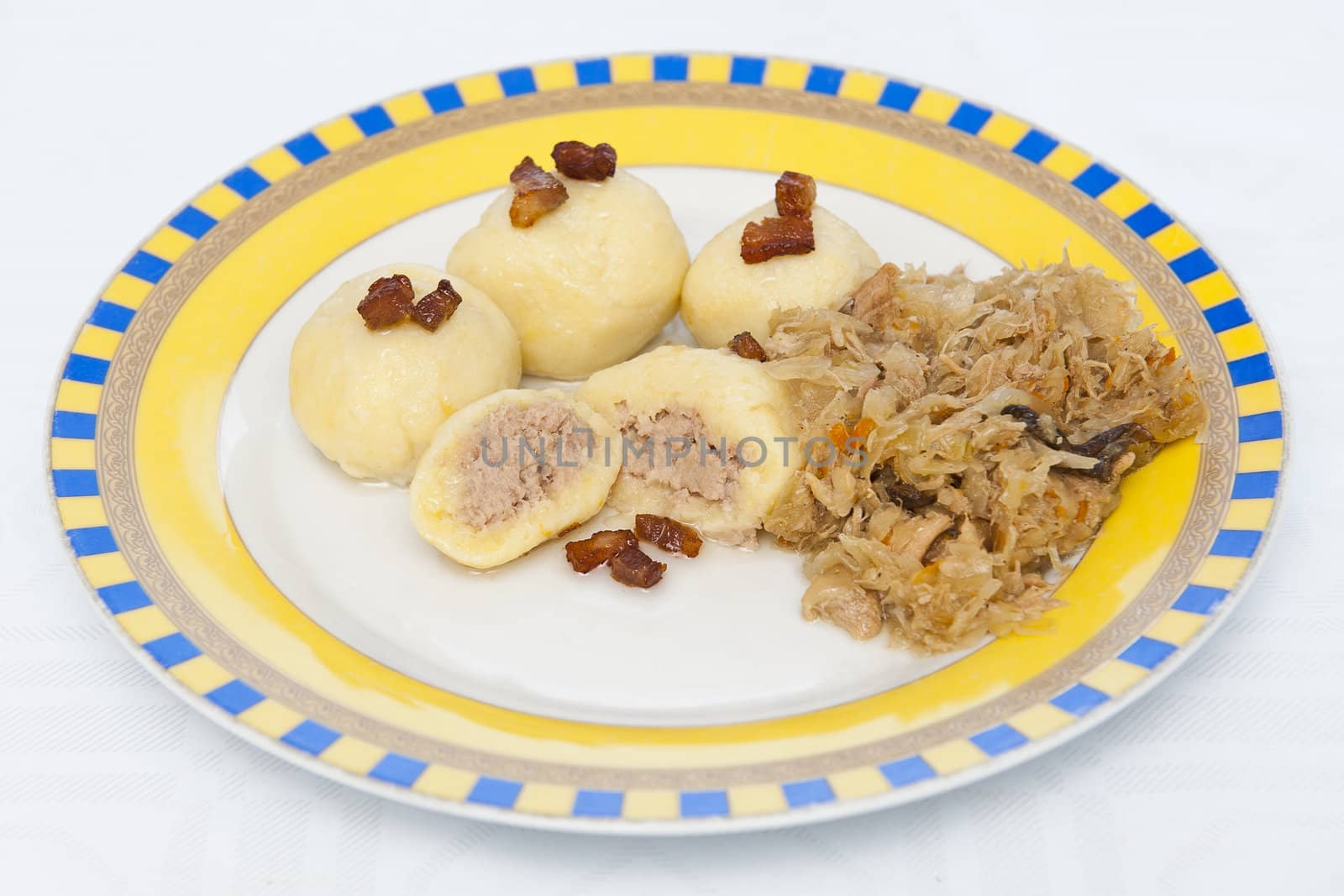 Meat noodles on the white plate