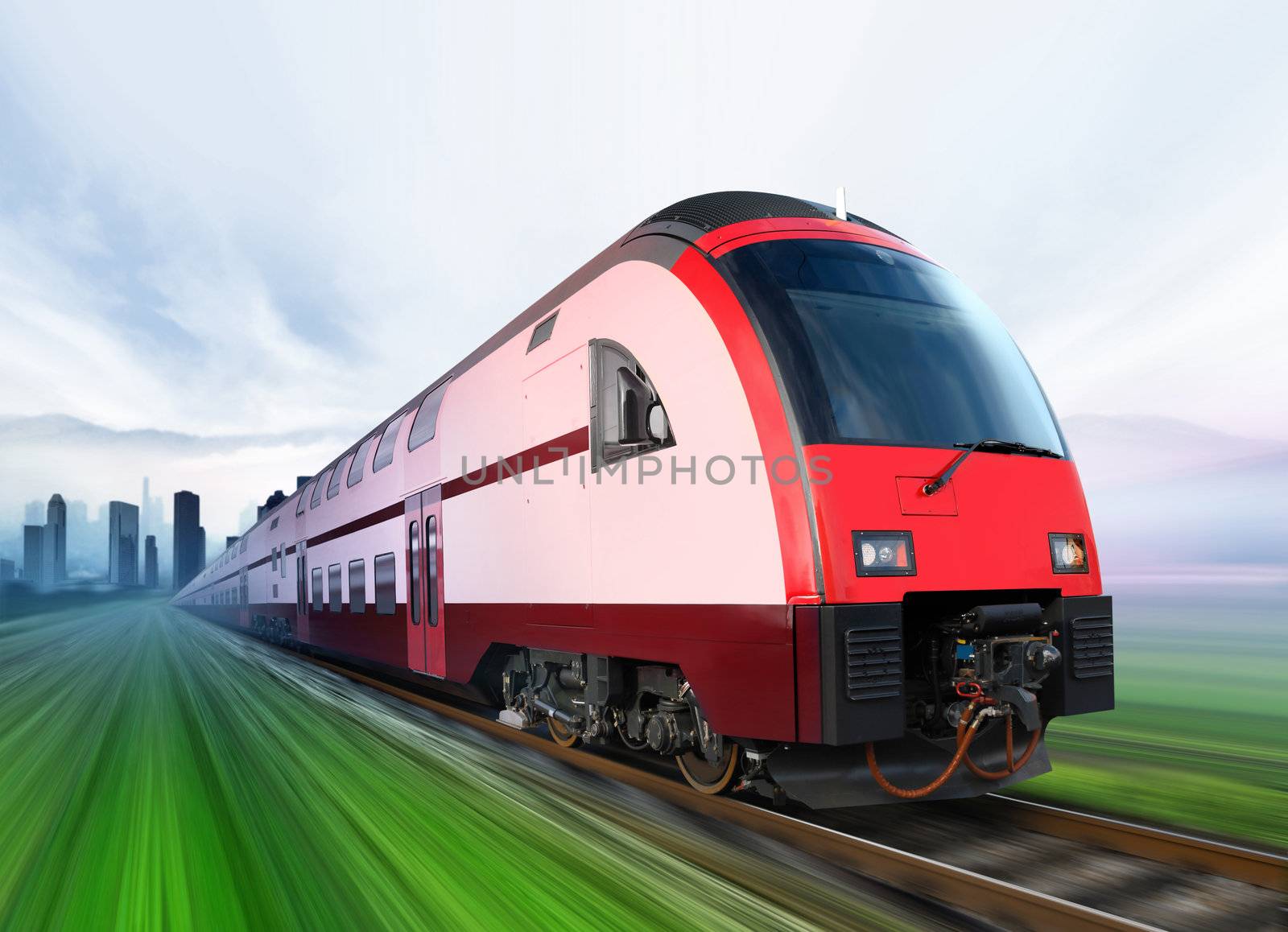 super streamlined train with motion blur moves from city