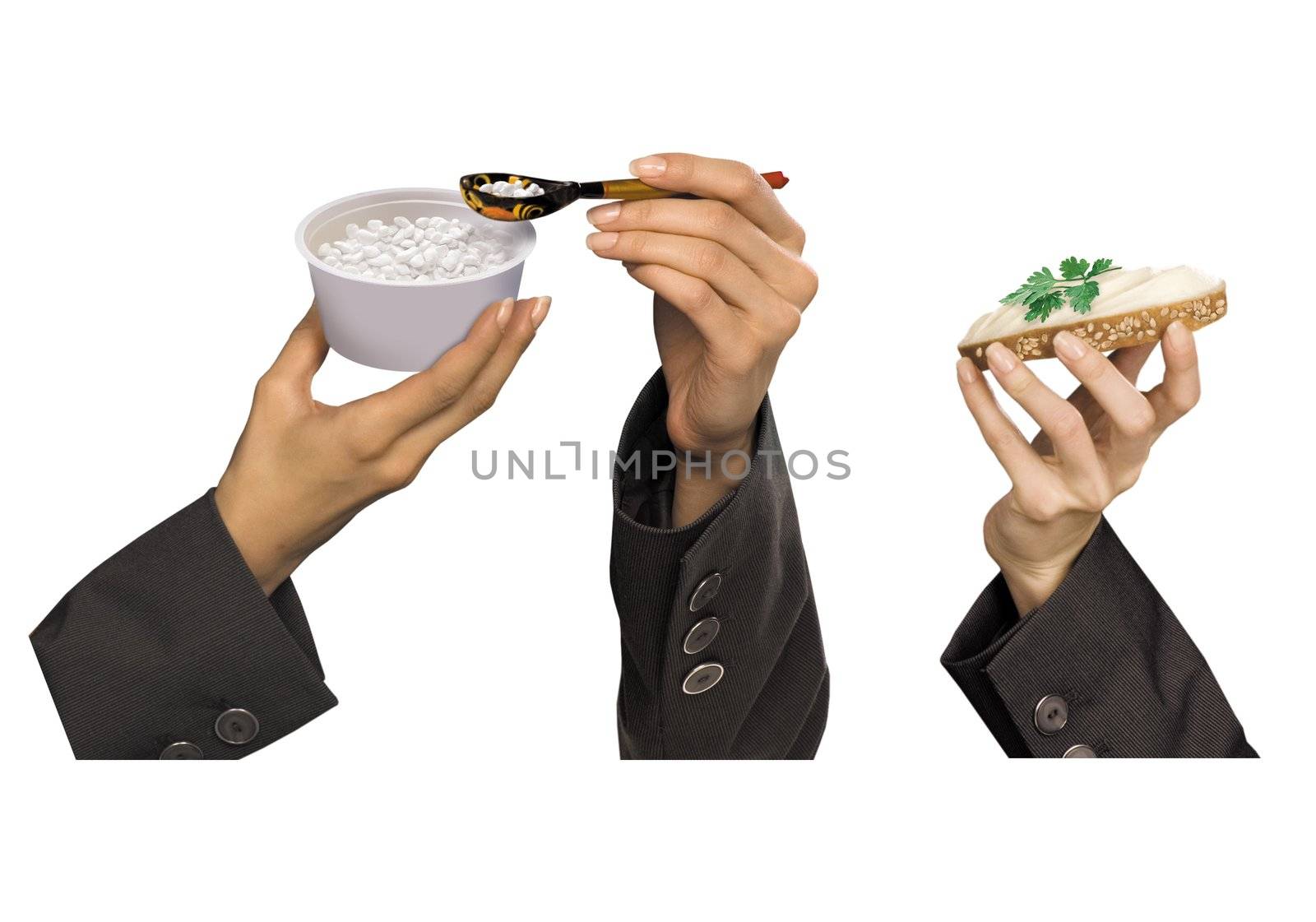 hands with cheese sandwich, spoon and curd