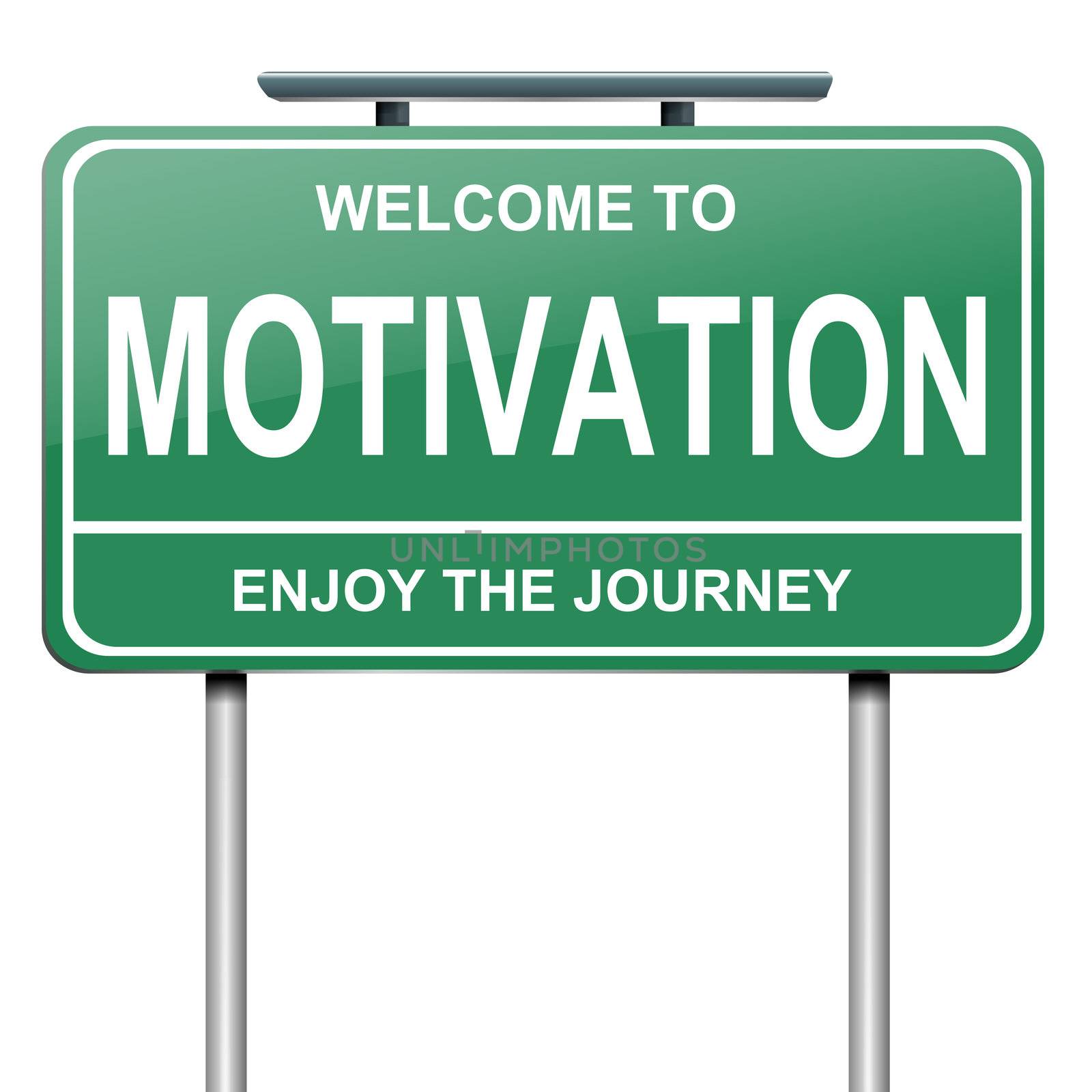 Illustration depicting a green roadsign with a motivation concept. White background.
